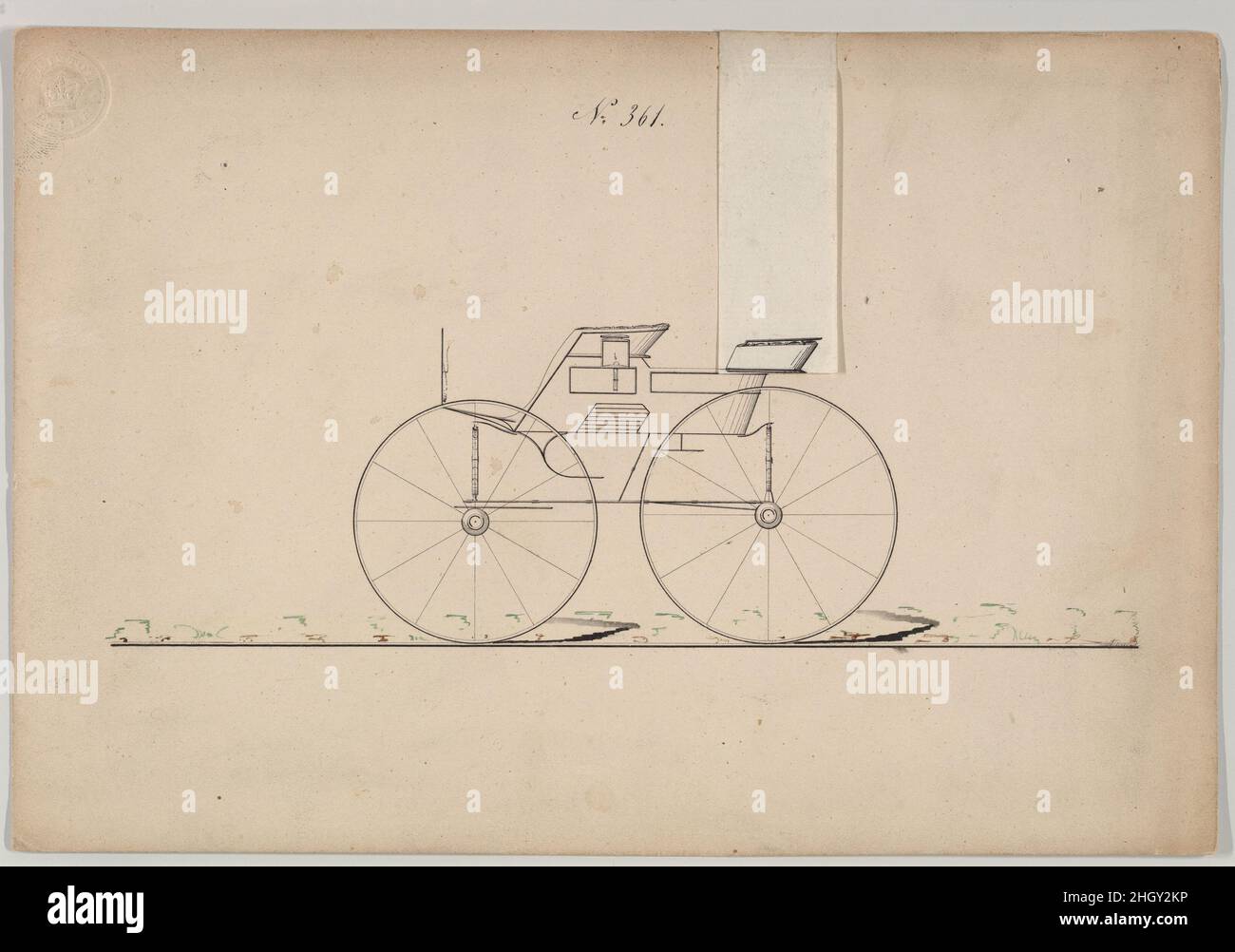Design für Wagon, Nr. 361 ca. 1850 Brewster & Co. American Brewster & Company HistorieBrewster & Company wurde 1810 von James Brewster (1788–1866) in New Haven, Connecticut, gegründet und spezialisierte sich auf die Herstellung von feinen Wagen. Der Gründer eröffnete 1827 einen New Yorker Showroom in der 53-54 Broad Street, und das Unternehmen florierte unter Generationen der Familienführung. Die Expansion erforderte Umzüge in Lower Manhattan, wobei Namensänderungen die Veränderungen des Managements widerspiegeln – James Brewster & Sons operierte an der 25 Canal Street, James Brewster Sons am 396 Broadway und Brewster von der Broome Street Stockfoto