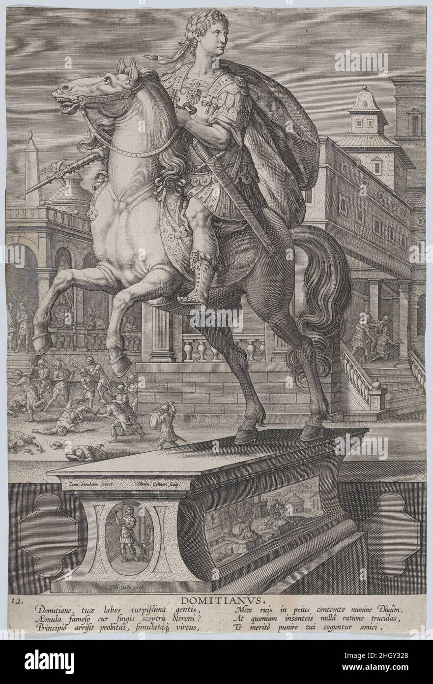 Tafel 12: Reiterstatue von Domitian, dreiviertel links gesehen, mit seinem stechenden Tod rechts im Hintergrund, von 'römischen Kaisern auf dem Pferderüch' ca. 1587–89 Adriaen Collaert. Tafel 12: Reiterstatue von Domitian, dreiviertel links gesehen, mit seinem stechenden Tod rechts im Hintergrund, von 'römischen Kaisern auf dem Pferderüch'. „Römische Kaiser auf dem Pferderucke“. Adriaen Collaert (Niederländisch, Antwerpen ca. 1560–1618 Antwerpen). Ca. 1587–89. Gravur. Philips Galle (Niederländisch, Haarlem 1537–1612 Antwerpen). Ausdrucke Stockfoto