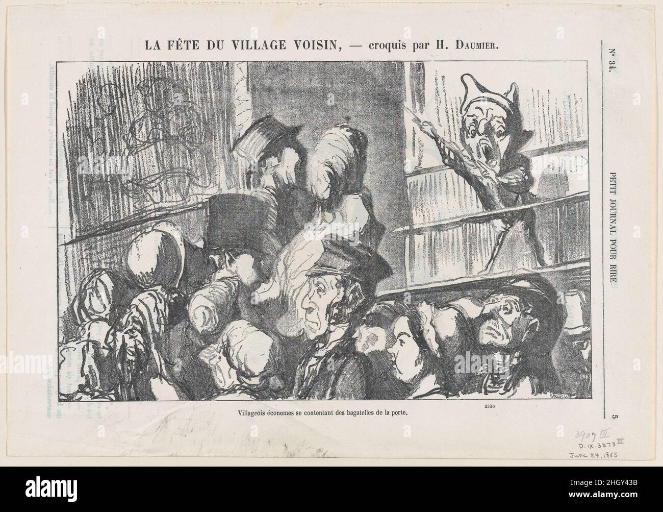 Thrifty Dorfbewohner, zufrieden, die Präsentation von außen zu sehen, von "Einer Feier im Nachbardorf", veröffentlicht im Le Petit Journal pour Rire, 24. Juni 1865 24. Juni 1865 Honoré Daumier. Thrifty Dorfbewohner, zufrieden, die Präsentation von außen zu sehen, von einer Feier im benachbarten Dorf, veröffentlicht im Le Petit Journal pour Rire, 24. Juni 1865. „eine Feier im Nachbardorf“ (La fête du Village voisin). Honoré Daumier (Französisch, Marseille 1808–1879 Valmondois). 24. Juni 1865. Lithographie auf Zeitungspapier; dritter Zustand von drei (Delteil). Ausdrucke Stockfoto