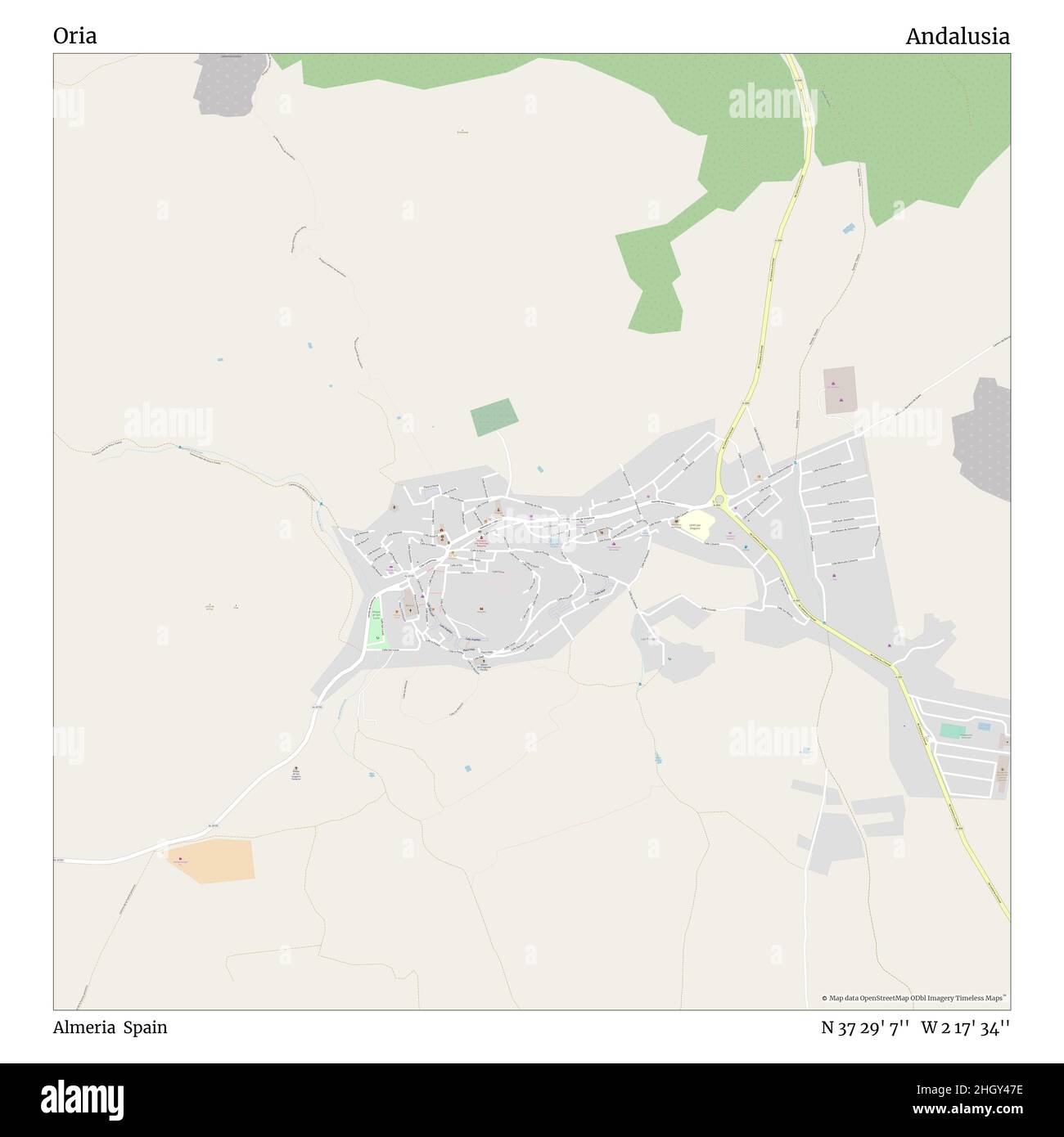 Oria, Almeria, Spanien, Andalusien, N 37 29' 7'', W 2 17' 34'', map, Timeless Map veröffentlicht im Jahr 2021. Reisende, Entdecker und Abenteurer wie Florence Nightingale, David Livingstone, Ernest Shackleton, Lewis and Clark und Sherlock Holmes haben sich bei der Planung von Reisen zu den entlegensten Ecken der Welt auf Karten verlassen.Timeless Maps kartiert die meisten Orte auf der Welt und zeigt die Verwirklichung großer Träume Stockfoto