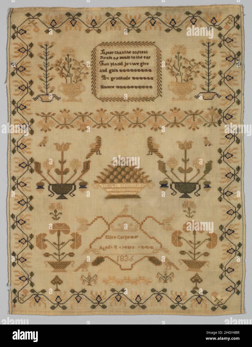 Sampler 1836 Britisch. Probennehmer. Britisch. 1836. Seide auf Wollleinwand. Bestickt Mit Textilien Stockfoto