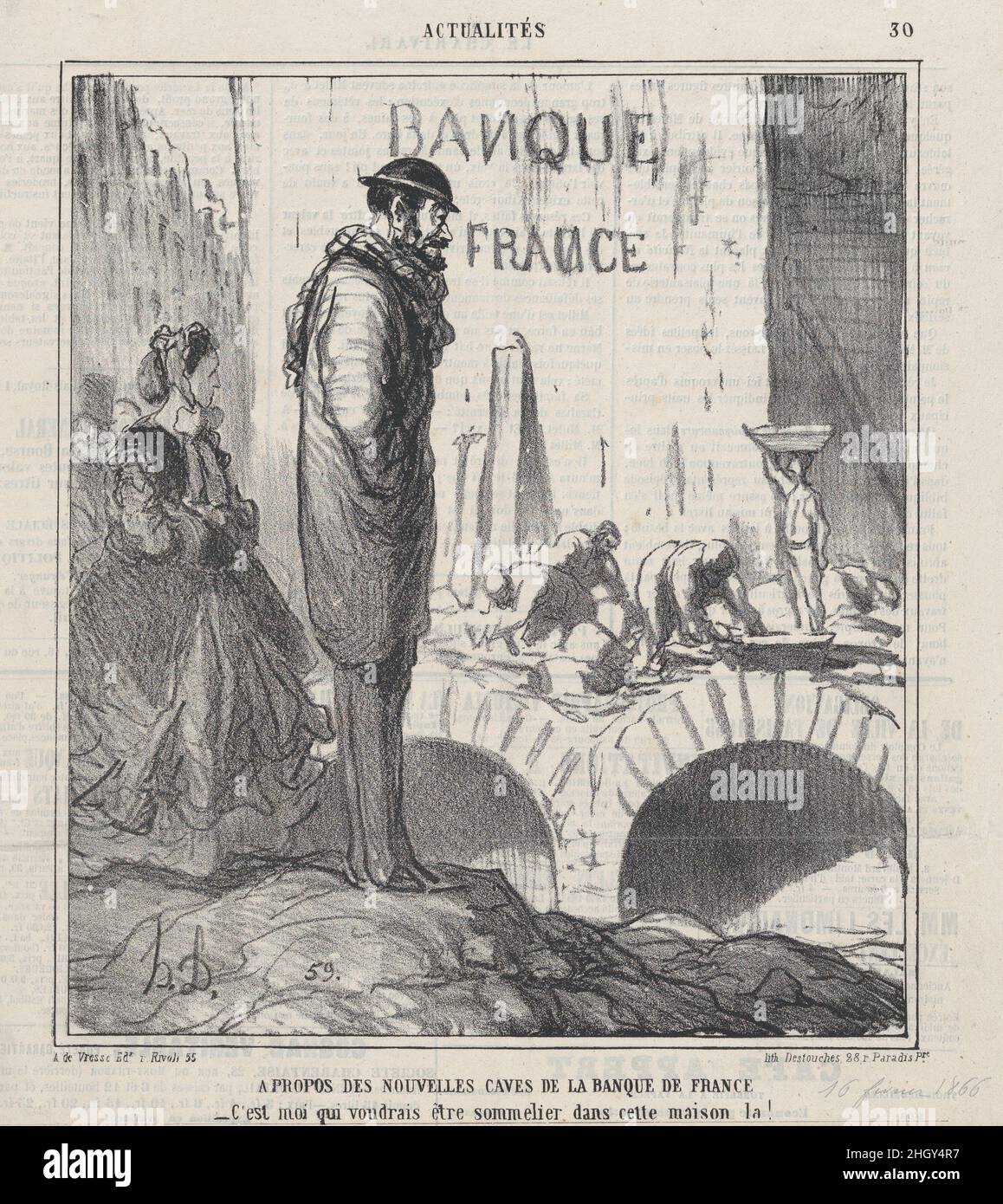 Über die neuen Keller der Bank of France: Es macht mir nichts aus, der Sommelier in diesem Haus zu sein!, aus der "News of the day", veröffentlicht in Le Charivari, 16. Februar 1866 16. Februar 1866 Honoré Daumier. Über die neuen Keller der Bank of France: Es macht mir nichts aus, der Sommelier in diesem Haus zu sein!, aus „News of the day“, veröffentlicht in Le Charivari, 16. Februar 1866. „Nachrichten des Tages“ (Actualités). Honoré Daumier (Französisch, Marseille 1808–1879 Valmondois). 16. Februar 1866. Lithographie auf Zeitungspapier; zweiter Zustand von zwei (Delteil). Arnaud de Vresse. Ausdrucke Stockfoto