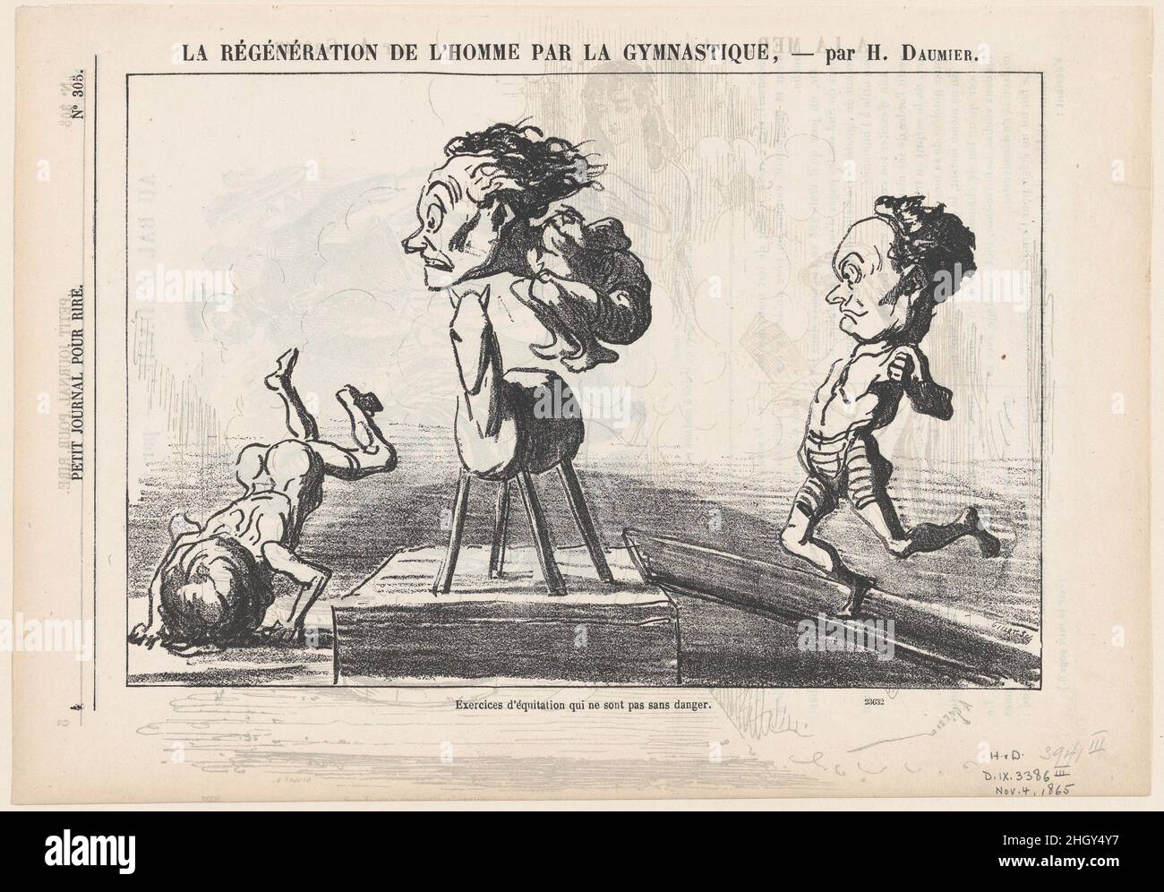 Reitübungen nicht ohne Gefahren, aus der "Regeneration des Menschen durch Gymnastik", veröffentlicht im Le Petit Journal pour Rire, 4. November 1865 4. November 1865 Honoré Daumier. Reitübungen nicht ohne Gefahren, aus „die Regeneration des Menschen durch Gymnastik“, veröffentlicht im Le Petit Journal pour Rire, 4. November 1865. „die Regeneration des Menschen durch Gymnastik“ (La régenération de l'homme par la gymnastique). Honoré Daumier (Französisch, Marseille 1808–1879 Valmondois). 4. November 1865. Lithographie auf Zeitungspapier; dritter Zustand von drei (Delteil). Ausdrucke Stockfoto