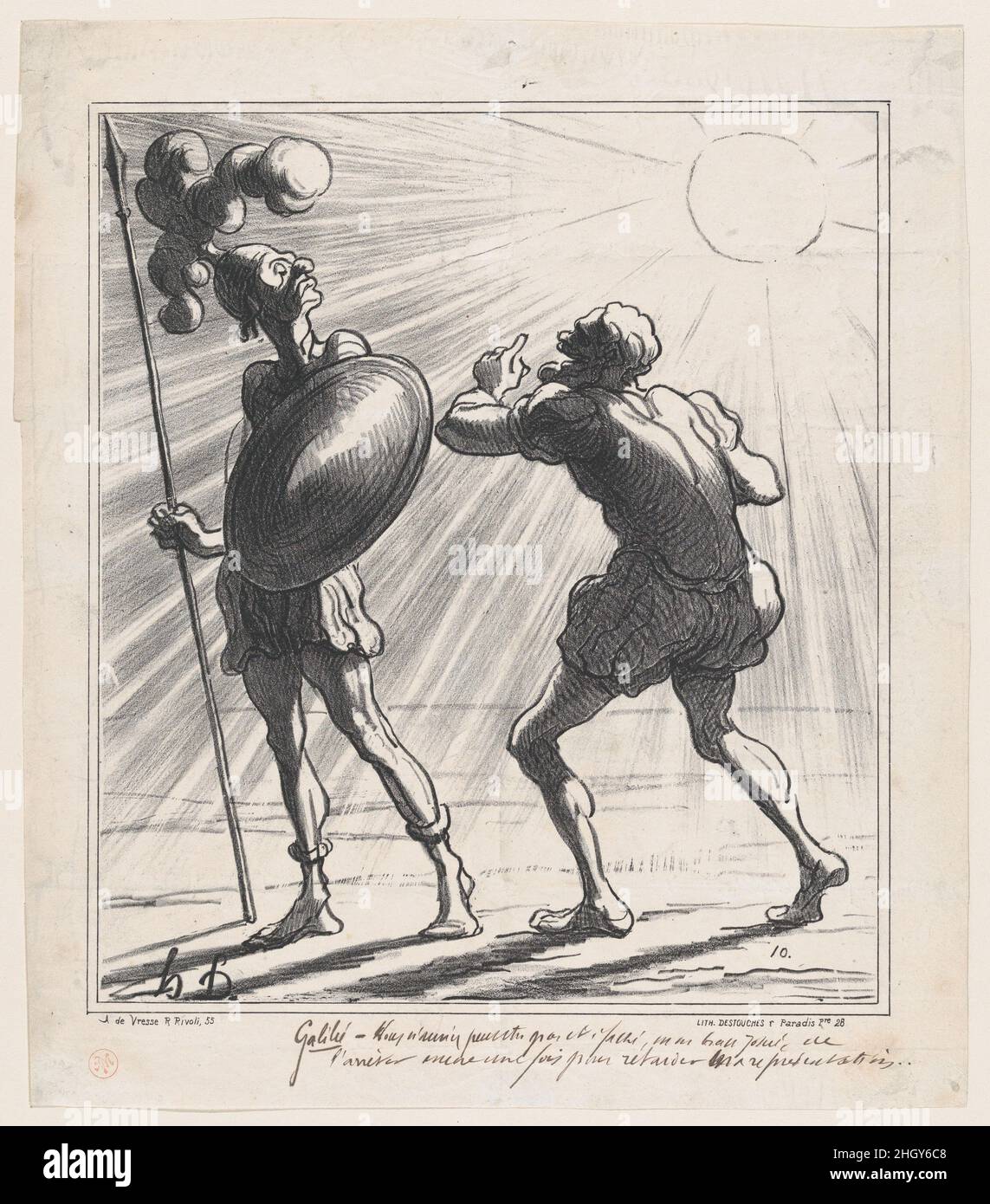 Galileo: Du würdest nicht ärgern, mein guter Joshua, die Sonne noch einmal zu stoppen, um meiner Show willen, aus "News of the day", veröffentlicht in Le Charivari, 22. Februar, 1867. Februar 22 ,1867 Honoré Daumier. Galileo: Du würdest nicht ärgern, mein guter Josua, die Sonne noch einmal zu stoppen, um meiner Show willen, aus der "News of the Day", veröffentlicht in Le Charivari, 22. Februar 1867. „Nachrichten des Tages“ (Actualités). Honoré Daumier (Französisch, Marseille 1808–1879 Valmondois). Februar 22 ,1867. Lithographie und Feder und braune Tinte auf Zeitungspapier; dritter Zustand von drei, Proof (Delteil). Arnaud de Vresse. Ausdrucke Stockfoto