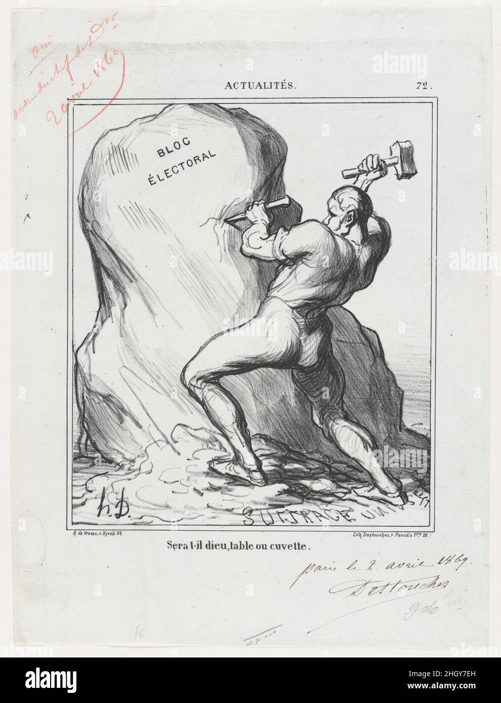 Wird er Gott, ein Tisch oder ein Becken sein?, aus der "Nachricht des Tages", veröffentlicht in Le Charivari, 12. April 1869 12. April 1869 Honoré Daumier. Wird er Gott, ein Tisch oder ein Becken sein?, aus der "Nachricht des Tages", veröffentlicht in Le Charivari, 12. April 1869. „Nachrichten des Tages“ (Actualités). Honoré Daumier (Französisch, Marseille 1808–1879 Valmondois). 12. April 1869. Lithographie, Feder und braune Tinte und roter Bleistift auf Zeitungspapier; zweiter Zustand von drei, Proof (Delteil). Arnaud de Vresse. Ausdrucke Stockfoto