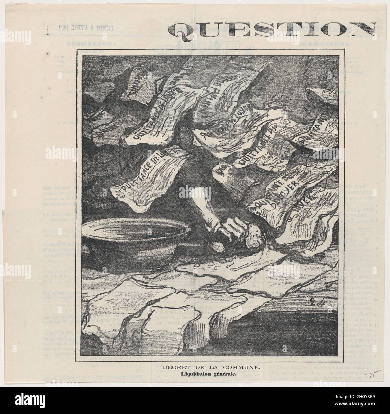 Dekret der Gemeinde: Allgemeine Liquidation, aus 'Rent Issues', veröffentlicht in Le Charivari, 3. April, 1871 3. April 1871 Honoré Daumier. Dekret der Gemeinde: Allgemeine Liquidation, aus 'Rent Issues', veröffentlicht in Le Charivari, 3. April 1871. „Mietprobleme“ (Frage des Mietern). Honoré Daumier (Französisch, Marseille 1808–1879 Valmondois). 3. April 1871. Lithographie auf Zeitungspapier; zweiter Zustand von zwei (Delteil). Ausdrucke Stockfoto