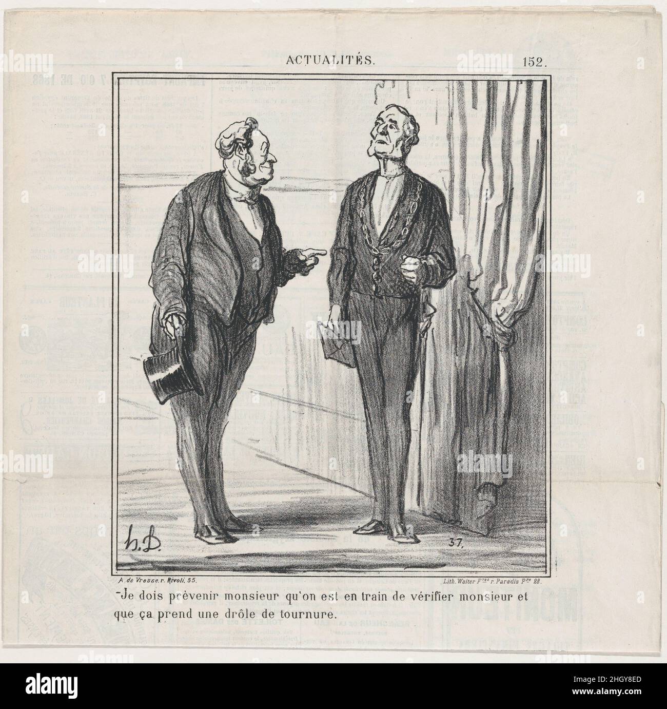 Le Charivari, 14. Juli 1869: Monsieur, ich muss Ihnen sagen, dass sie gerade dabei sind, Monsieur zu verifizieren und dass dies eine merkwürdige Wendung zu nehmen scheint, aus der "News of the day", 14. Juli 1869 Honoré Daumier, die Zeitung mit der Daumier-Lithographie auf der dritten Seite gefaltet hat. Le Charivari Zeitung, 14. Juli 1869: Monsieur, ich muss Ihnen mitteilen, dass sie gerade dabei sind, Monsieur zu verifizieren, und dass dies eine merkwürdige Wendung zu nehmen scheint, von 'News of the Day'. „Nachrichten des Tages“ (Actualités). Honoré Daumier (Französisch, Marseille 1808–1879 Valmondois). 14. Juli 1869. Lithog Stockfoto