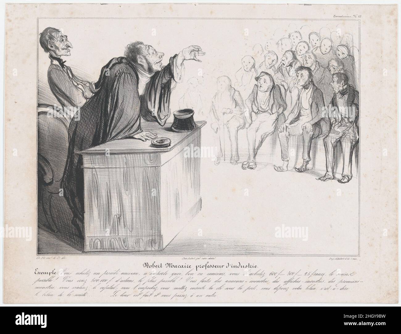 Tafel 23: Robert Macaire, Professor für Industrie, von 'Caricaturana', veröffentlicht in Les Robert Macaires 1838 Honoré Daumier - Cabriolets und ein Anteil am Pferdegeschäft. Es wird einfach nicht laufen, mein Pferd frisst mich lebendig, meine Kosten verschlingen mich, ich sterbe vor Hunger. - Armer alter Bertrand, du bist wirklich dumm. Ändern Sie Ihren alten Nag für eine gründliche Nachzucht, Ihren billigen alten Crock für einen Tilbury, Ihre elende Lackierung für die Seide eines Jockeys, werfen Sie Ihren Anteil an Vermögen in Aktien... Kapital von dreihunderttausend Franken! Versprechungen, Witze ohne Reim oder Grund, erhöhen Sie Ihren Aufwand, reduzieren Sie die Gewinne, Sie werden aufholen Stockfoto