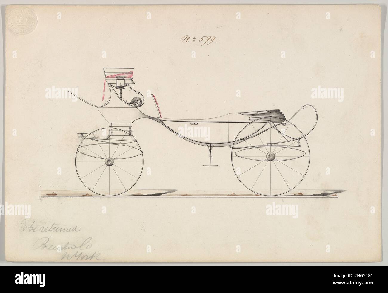 Entwurf für Vis-à-vis/ Barouche, Nr. 599 1850–70 Brewster & Co. American Brewster & Company HistorieBrewster & Company wurde 1810 von James Brewster (1788–1866) in New Haven, Connecticut, gegründet und spezialisierte sich auf die Herstellung von feinen Wagen. Der Gründer eröffnete 1827 einen New Yorker Showroom in der 53-54 Broad Street, und das Unternehmen florierte unter Generationen der Familienführung. Die Expansion erforderte Umzüge in Lower Manhattan, wobei Namensänderungen die Veränderungen des Managements widerspiegeln – James Brewster & Sons operierte an der 25 Canal Street, James Brewster Sons am 396 Broadway und Brewster von Broome Stre Stockfoto
