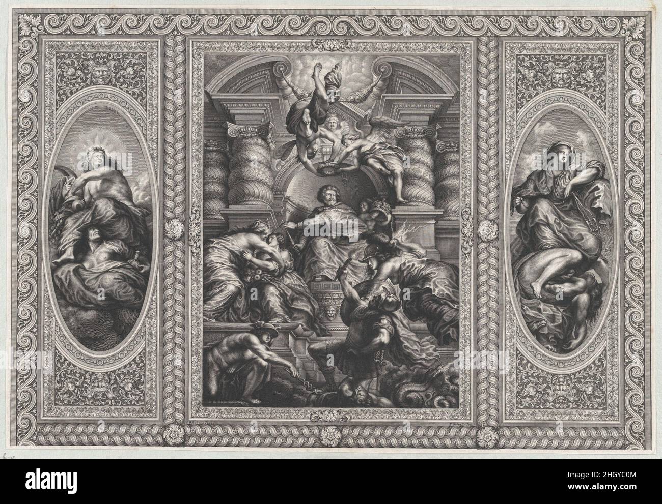 James I. Ernennung von Charles zum König von Schottland in der Mitte, Minerva sprießen Unwissenheit auf der rechten Seite, und Herkules schlagen Envy auf der linken Seite 1720 Simon Gribelin II nach den Deckengemälden im Bankettshaus, Whitehall, London.. James I. ernannte Charles zum König von Schottland in der Mitte, Minerva spießt Unwissenheit auf der rechten Seite und Herkules schlägt Envy auf der linken Seite. Simon Gribelin II (Paris 1661–1733, aktiv in London). 1720. Gravur. James I., König von England, Schottland und Irland (britisch, Edinburgh 1566–1625 Theobalds). Ausdrucke Stockfoto