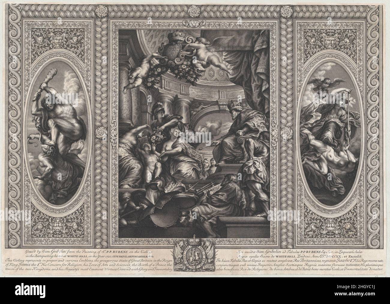 Eine allegorische Szene, die die Vorteile von James' Herrschaft im Zentrum zeigt, die Weise Regierung trampelt Rebellion auf der rechten Seite und die Freiheit trampelt Avarice auf der linken Seite 1720 Simon Gribelin II nach den Deckengemälden des Banqueting House in Whitehall, London. Eine allegorische Szene, die die Vorteile von James' Herrschaft in der Mitte zeigt, die Weise Regierung, die Rebellion auf der rechten Seite mit Füßen tritt, und die Freiheit, die Avarice mit Füßen tritt. Simon Gribelin II (Paris 1661–1733, aktiv in London). 1720. Gravur. James I., König von England, Schottland und Irland (britisch, Edinburgh 1566–1625 Theobalds). Ausdrucke Stockfoto