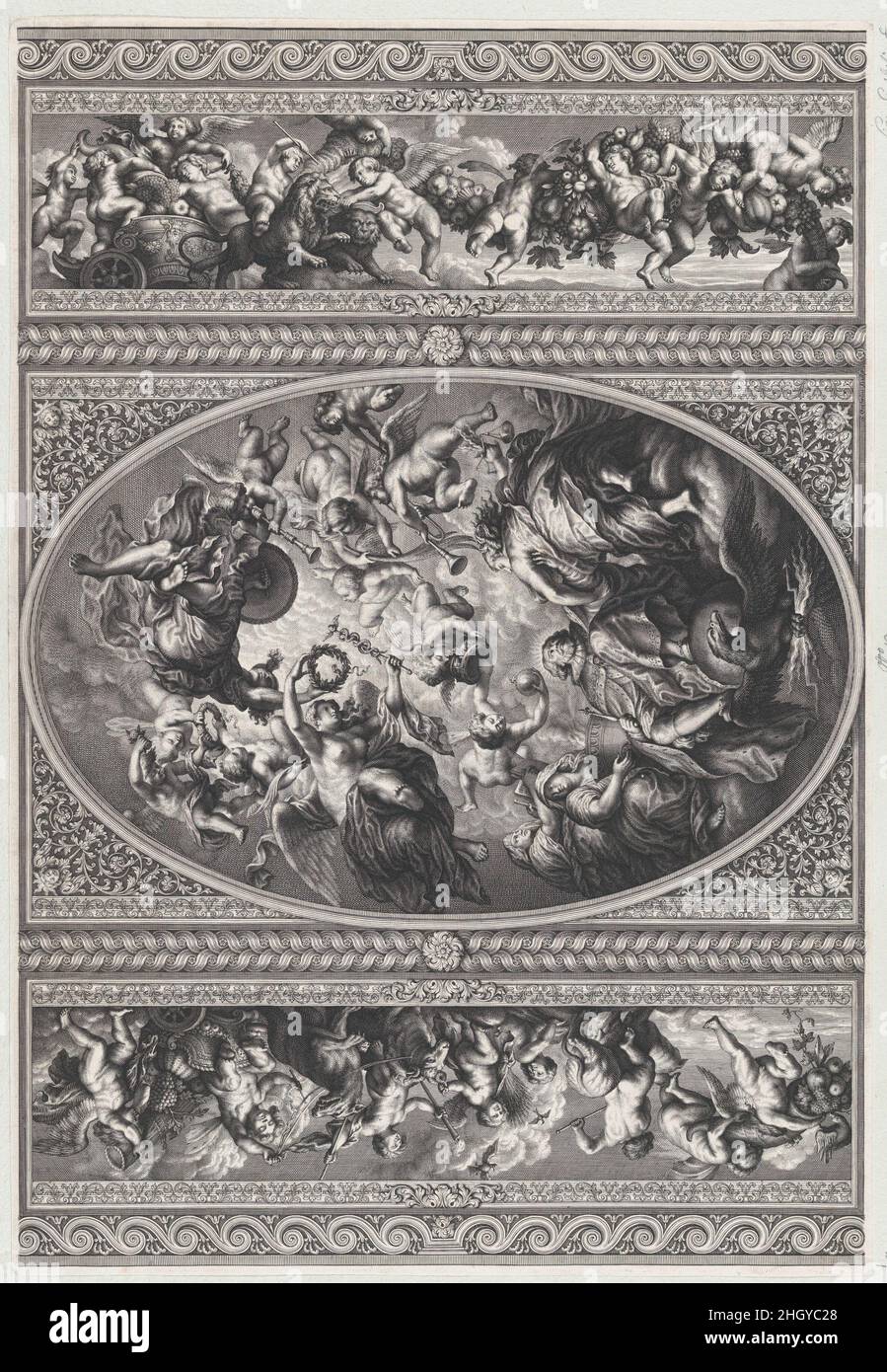 Die Apotheose von James I. in einem Oval in der Mitte, Friesen mit Putten und Girlanden auf beiden Seiten 1720 Simon Gribelin II nach den Deckengemälden von Banqueting House in Whitehall, London.. Die Apotheose von James I. in einem Oval in der Mitte, Friesen mit Putti und Girlanden auf beiden Seiten. Simon Gribelin II (Paris 1661–1733, aktiv in London). 1720. Gravur. James I., König von England, Schottland und Irland (britisch, Edinburgh 1566–1625 Theobalds). Ausdrucke Stockfoto