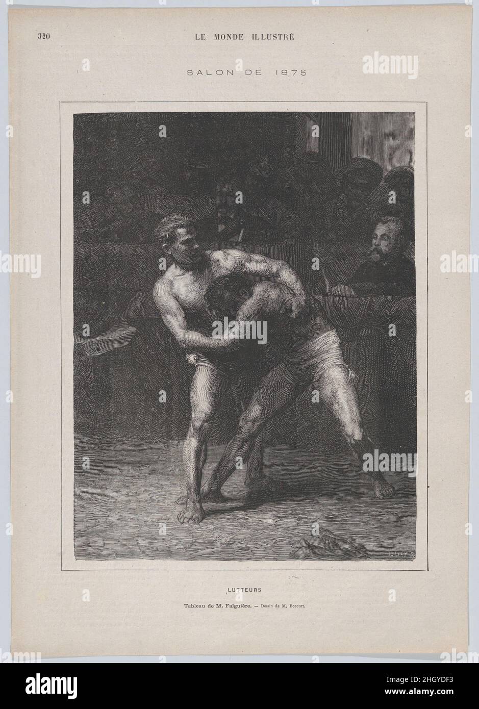 Lutteurs (die Wrestler), aus 'Le Monde Illustré' 22. Mai 1875 Auguste Joliet Falguière arbeitete hauptsächlich als Bildhauer – er gewann 1859 den prix de Rome für Bildhauerei –, bevor er 1875 'Lutteurs' als seine erste große Leinwand beim Salon einreichte und eine Medaille zweiter Klasse für das Werk erhielt. Kritiker waren in ihrer Meinung über das Gemälde nach ihrer Position zum Realismus gespalten; einige sahen das Motiv als unwürdig, andere sahen es als repräsentativ für das moderne Leben. Dieser Holzstich, der in 'Le Monde Illustré' veröffentlicht wurde, ist repräsentativ dafür, wie die wichtigsten Kunstwerke des jährlichen Salons zirkulieren Stockfoto