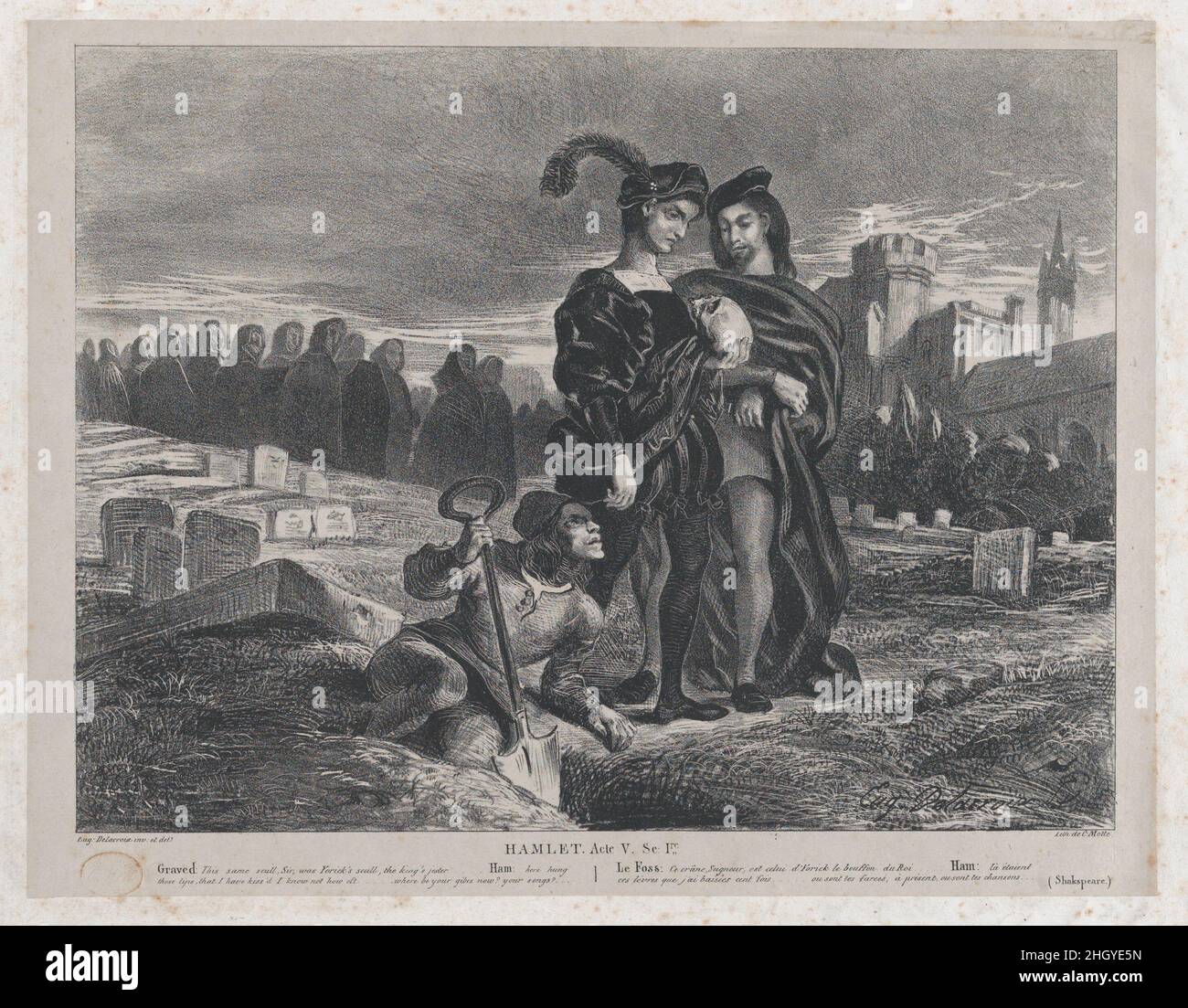 Hamlet betrachtet Yoricks Schädel 1828 Eugène Delacroix Act 5, Szene 1 von „Hamlet“, in der der Totengräber, der Ophelias Grabstätte vorbereitet, den Schädel von Yorick, einem Narren aus Hamlet’ Kindheit, enträtselt hat, beschäftigte Delacroix während seiner gesamten Karriere. Diese Lithographie stellt seine erste Behandlung des Themas in gedruckter Form dar. Er reprisierte sie in Gemälden für den Salon (einer wurde 1836 abgelehnt, ein anderer wurde 1839 angenommen) und als Teil seiner Bildungssuite für 'Hamlet' im Jahr 1843. Hamlet betrachtet Yoricks Schädel. Eugène Delacroix (Französisch, Charenton-Saint-Maurice 1798–1863 Paris). 1828. Lithogr Stockfoto