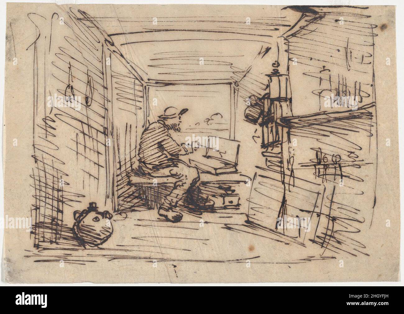 Das Studio auf dem Boot 1862 Charles-François Daubigny. Das Studio auf dem Boot. Charles-François Daubigny (Französisch, Paris 1817–1878 Paris). 1862. Stift und Tinte auf Pauspapier. Zeichnungen Stockfoto