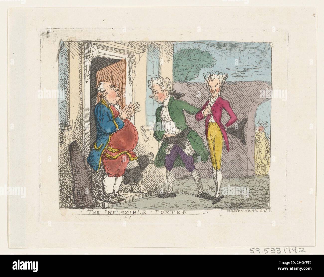 The Inflexible Porter 1808–14 Thomas Rowlandson. Der Unflexible Porter. Elend des menschlichen Lebens. Nach Henry William Bunbury (British, Mildenhall, Suffolk 1750–1811 Keswick, Cumberland). 1808–14. Handkolorierte Radierung. Ausdrucke Stockfoto