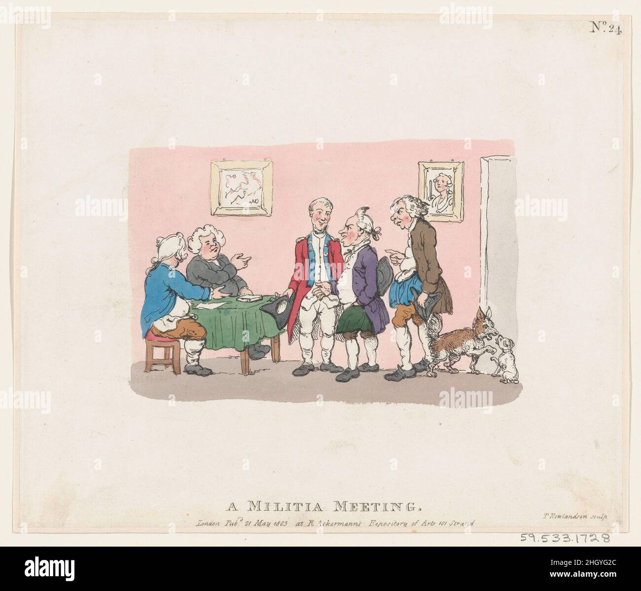 Ein Miliztreffen 21. Mai 1803 Thomas Rowlandson basierend auf einer Zeichnung von Bunbury, die 1773 von J. Bretherton geätzt und veröffentlicht wurde. Drei Männer stehen, zwei weitere sitzen an einem Tisch; an den Wänden eine Landkarte und ein Porträt. Zwei Hunde interagieren rechts. Ein Miliztreffen. Nach Henry William Bunbury (British, Mildenhall, Suffolk 1750–1811 Keswick, Cumberland). 21.Mai 1803. Handkolorierte Radierung. Rudolph Ackermann, London (tätig 1794–1829). Ausdrucke Stockfoto