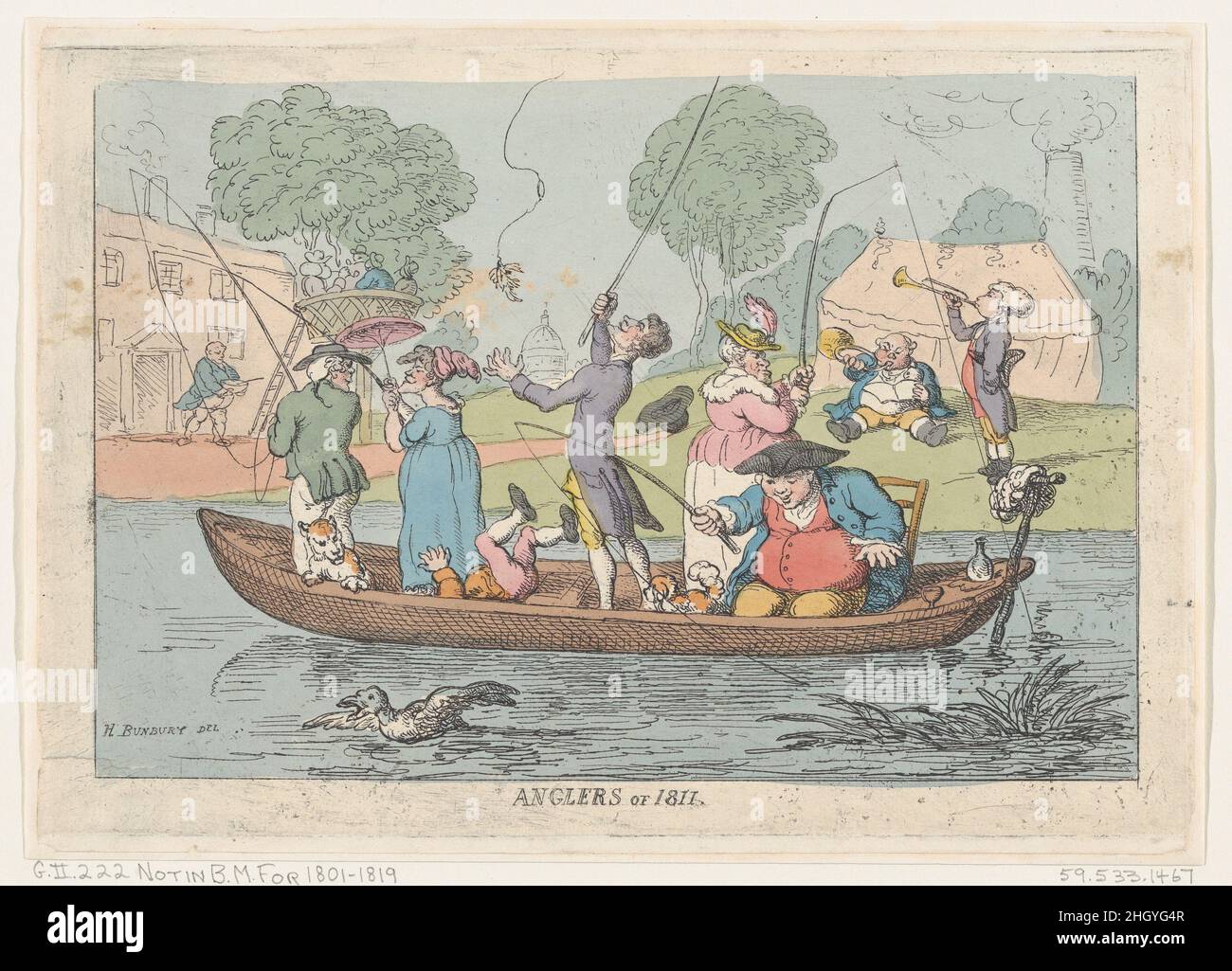 Angler von 1811 1811 Thomas Rowlandson Ein Mann und eine Frau stehen im Bug eines Bootes und fischen, mit einem anderen Paar im Heck. Ein jüngerer Mann steht in der Mitte neben einem gefallenen Jungen, und es sind auch zwei Hunde an Bord. Im Vordergrund fliegt eine Ente, und an Land spielen hinter zwei Männern Trompete und Horn. Auf der linken Seite ist ein innen mit Figuren sitzen in einem Aussichtspunkt gebaut Teil weit oben ein Baum, und eine große ferne Kuppel.. Angler von 1811. Nach Henry William Bunbury (British, Mildenhall, Suffolk 1750–1811 Keswick, Cumberland). 1811. Handkolorierte Radierung. Ausdrucke Stockfoto