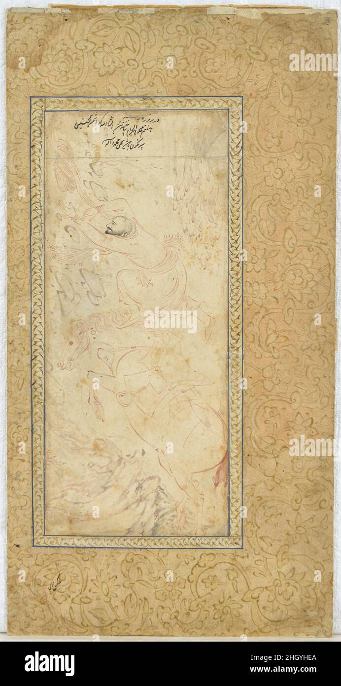 Ein Reiter wird Mitte des 17th. Jahrhunderts aus seinem Pferd geworfen. Ein Reiter wird aus seinem Pferd geworfen. Mitte des 17th. Jahrhunderts. Tinte auf Papier. Hergestellt im Iran. Codices Stockfoto