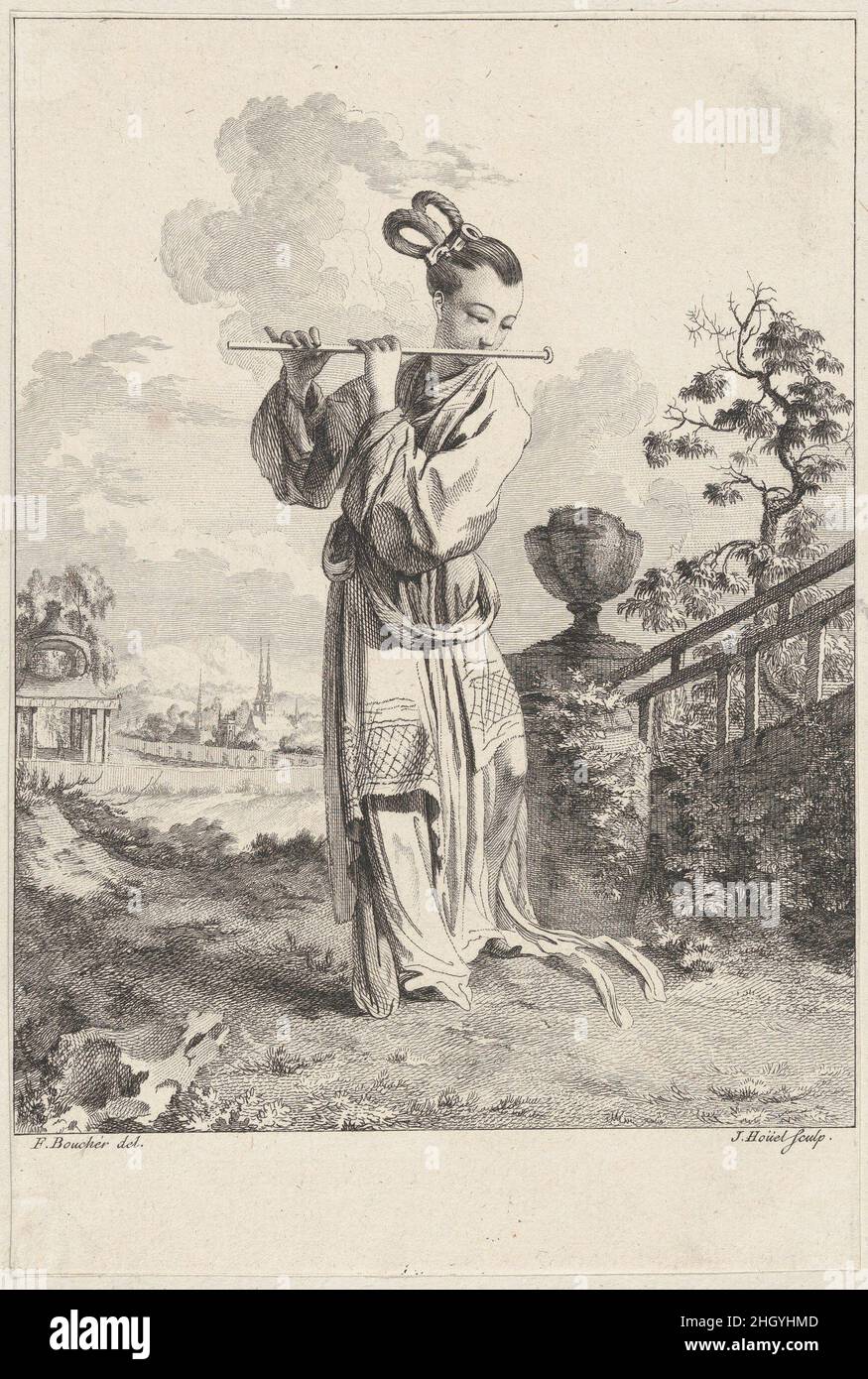 Chinoiserie mit einer Frau, die eine Flöte spielt, aus Suite de Figures Chinoises. .Tiré du Cabinet de Mr. D'Azaincourt (Serie von Figuren aus der Chinoiserie. .aus den Kammern von Herrn d'Azaincourt) 1755–76 Jean Pierre Louis Laurent Hoüel Französisch. Chinoiserie mit einer Frau, die eine Flöte spielt, aus Suite de Figures Chinoises. .Tiré du Cabinet de Mr. D'Azaincourt (Serie von Figuren aus der Chinoiserie. . aus den Kammern von Herrn d'Azaincourt). Suite de Figures Chinoises. Tiré du Cabinet de Mr. D'Azaincourt. Jean Pierre Louis Laurent Hoüel (Französisch, Rouen 1735–1813 Paris). 1755–76. Radierung und Gravur. Gilles Demarteau (Fr. Stockfoto