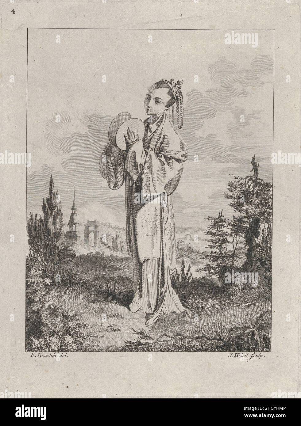 Chinoiserie mit einer Frau, die Becken hält, aus der Suite de Figures Chinoises. .Tiré du Cabinet de Mr. D'Azaincourt (Serie von Figuren aus der Chinoiserie. .aus den Kammern von Herrn d'Azaincourt), Tafel 4 1755–76 Jean Pierre Louis Laurent Hoüel Französisch. Chinoiserie mit einer Frau, die Becken hält, aus der Suite de Figures Chinoises. .Tiré du Cabinet de Mr. D'Azaincourt (Serie von Figuren aus der Chinoiserie. .aus den Kammern von Herrn d'Azaincourt), Tafel 4. Suite de Figures Chinoises. Tiré du Cabinet de Mr. D'Azaincourt. Jean Pierre Louis Laurent Hoüel (Französisch, Rouen 1735–1813 Paris). 1755–76. Radierung und Gravur. Gi Stockfoto
