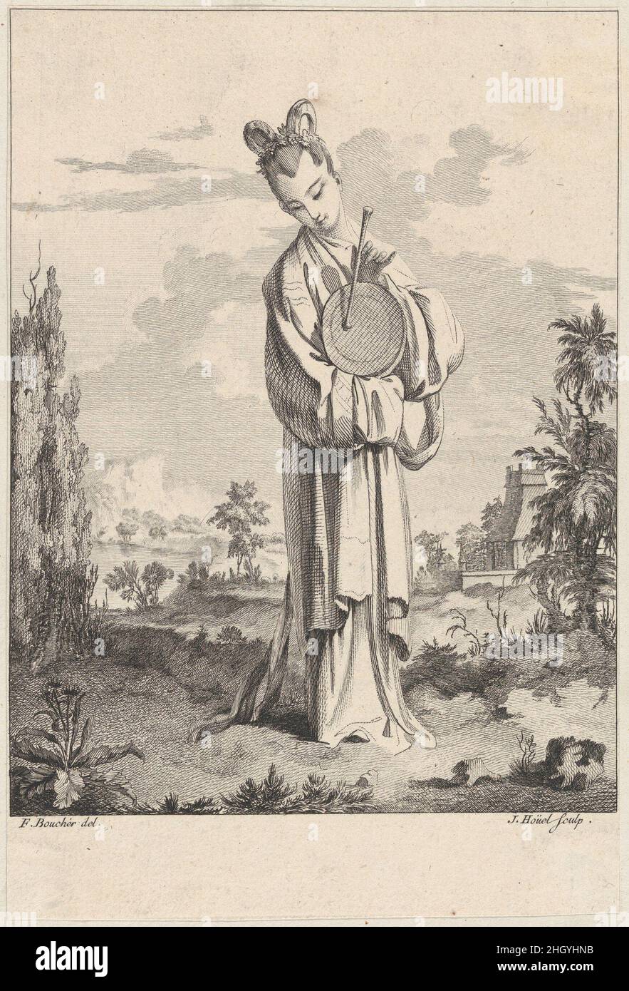 Chinoiserie mit einer Frau, die einen gong spielt, aus der Suite de Figures Chinoises. .Tiré du Cabinet de Mr. D'Azaincourt (Serie von Figuren aus der Chinoiserie. .aus den Kammern von Herrn d'Azaincourt) 1755–76 Jean Pierre Louis Laurent Hoüel Französisch. Chinoiserie mit einer Frau, die einen gong spielt, aus der Suite de Figures Chinoises. .Tiré du Cabinet de Mr. D'Azaincourt (Serie von Figuren aus der Chinoiserie. . aus den Kammern von Herrn d'Azaincourt). Suite de Figures Chinoises. Tiré du Cabinet de Mr. D'Azaincourt. Jean Pierre Louis Laurent Hoüel (Französisch, Rouen 1735–1813 Paris). 1755–76. Radierung und Gravur. Gilles Demarteau (Frau Stockfoto