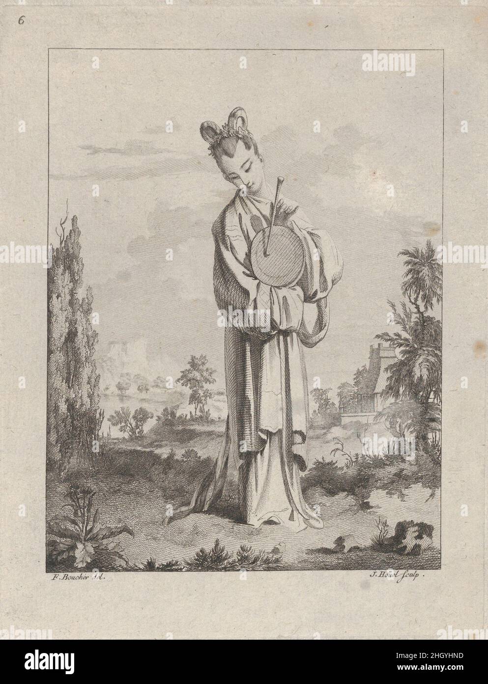 Chinoiserie mit einer Frau, die einen gong spielt, aus der Suite de Figures Chinoises. .Tiré du Cabinet de Mr. D'Azaincourt (Serie von Figuren aus der Chinoiserie. .aus den Kammern von Herrn d'Azaincourt), Tafel 6 1755–76 Jean Pierre Louis Laurent Hoüel Französisch. Chinoiserie mit einer Frau, die einen gong spielt, aus der Suite de Figures Chinoises. .Tiré du Cabinet de Mr. D'Azaincourt (Serie von Figuren aus der Chinoiserie. .aus den Kammern von Herrn d'Azaincourt), Tafel 6. Suite de Figures Chinoises. Tiré du Cabinet de Mr. D'Azaincourt. Jean Pierre Louis Laurent Hoüel (Französisch, Rouen 1735–1813 Paris). 1755–76. Radierung und Gravur. Gill Stockfoto