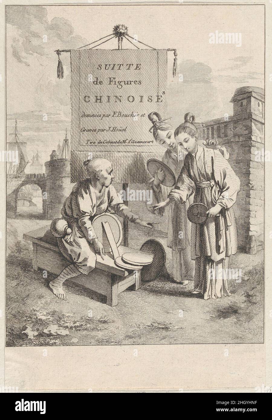 Frontispiz, aus Suite de Figures Chinoises.. Tiré du Cabinet de Mr. D'Azaincourt (Serie von Figuren aus der Chinoiserie. .aus den Kammern von Herrn d'Azaincourt) 1755–76 Jean Pierre Louis Laurent Hoüel Französisch. Frontispiz, aus Suite de Figures Chinoises.. Tiré du Cabinet de Mr. D'Azaincourt (Serie von Figuren aus der Chinoiserie. . aus den Kammern von Herrn d'Azaincourt). Suite de Figures Chinoises. Tiré du Cabinet de Mr. D'Azaincourt. Jean Pierre Louis Laurent Hoüel (Französisch, Rouen 1735–1813 Paris). 1755–76. Radierung und Gravur. Gilles Demarteau (Französisch, Liège 1722–1776 Paris) Stockfoto