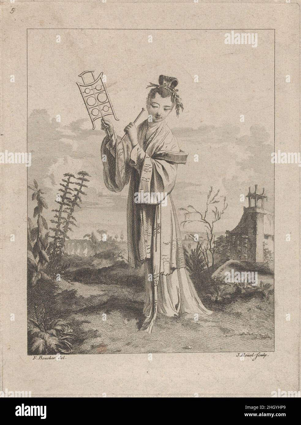 Chinoiserie mit einer Frau, die ein Musikinstrument spielt, aus der Suite de Figures Chinoises. .Tiré du Cabinet de Mr. D'Azaincourt (Serie von Figuren aus der Chinoiserie. .aus den Kammern von Herrn d'Azaincourt), Tafel 5 1755–76 Jean Pierre Louis Laurent Hoüel Französisch. Chinoiserie mit einer Frau, die ein Musikinstrument spielt, aus der Suite de Figures Chinoises. .Tiré du Cabinet de Mr. D'Azaincourt (Serie von Figuren aus der Chinoiserie. .aus den Kammern von Herrn d'Azaincourt), Tafel 5. Suite de Figures Chinoises. Tiré du Cabinet de Mr. D'Azaincourt. Jean Pierre Louis Laurent Hoüel (Französisch, Rouen 1735–1813 Paris). 1755–76. Stockfoto