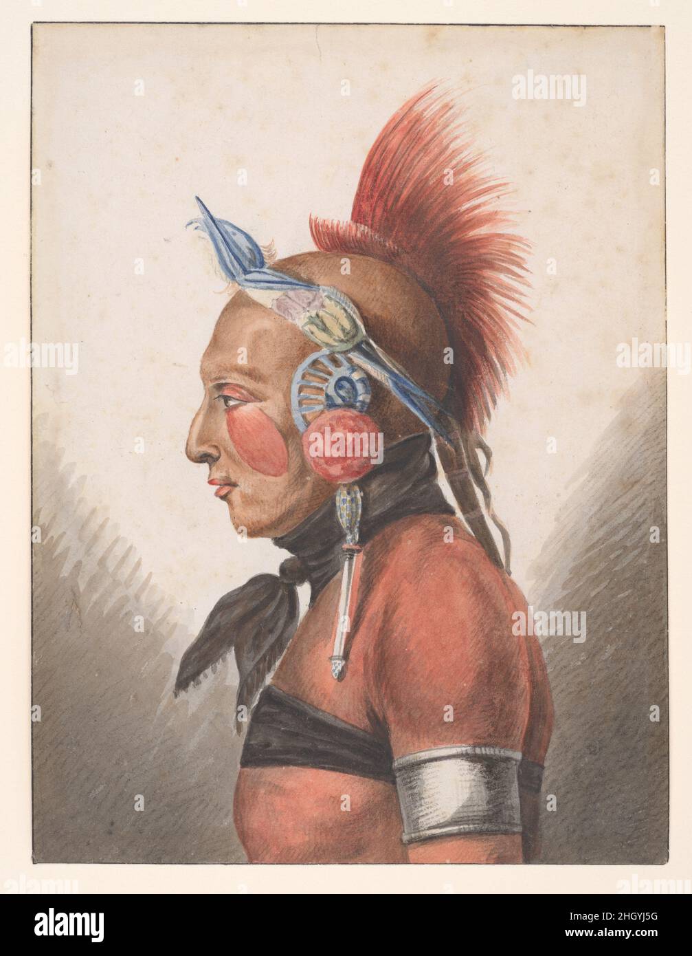 Ein Krieger der Osage 1811–ca. 1813 Pawel Petrowitsch Swinin russisch der russische Adlige Swinin trat in den Auslandsdienst ein und reiste weit. Von 1811 bis 1813 war er Mitglied einer russischen diplomatischen Mission in den Vereinigten Staaten und reiste entlang der Ostküste. Unterwegs skizzierte und malte er Landschaften und Szenen des Alltags. Er verließ die Staaten im Juni 1813 und veröffentlichte eine illustrierte Erinnerung an seinen Besuch. „A Picturesque Voyage in North America“ (1815) enthält ein Kapitel über seine Erfahrungen in der Gesellschaft amerikanischer Indianer – höchstwahrscheinlich erfunden, da Svinin ein berüchtigter war Stockfoto