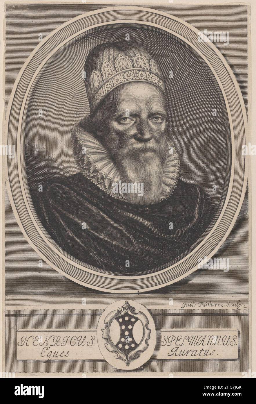 Sir Henry Spelman (Henricus Spelmannus Eques AURATUS) 1664 William Faithorne der Ältere Faithorne gilt als der erfahrenste englische Kupferstecher des 17. Jahrhunderts, der in seiner Heimat geboren wurde. Er wurde beim Druckhändler William Peake (dem Sohn von James I.'s Hofmaler Robert Peake) ausgebildet, aber wahrscheinlich von John Payne ausgebildet. Im englischen Bürgerkrieg diente Faithorne als royalistischer Fähnrich, wurde nach dem Sturz der Garnison in Basing House inhaftiert und floh dann nach Frankreich, wo er umfangreiche zusätzliche Verbindungen und Erfahrungen sammelte. Zurück in London von 1652, wurde er zum Kupferstecher ernannt Stockfoto