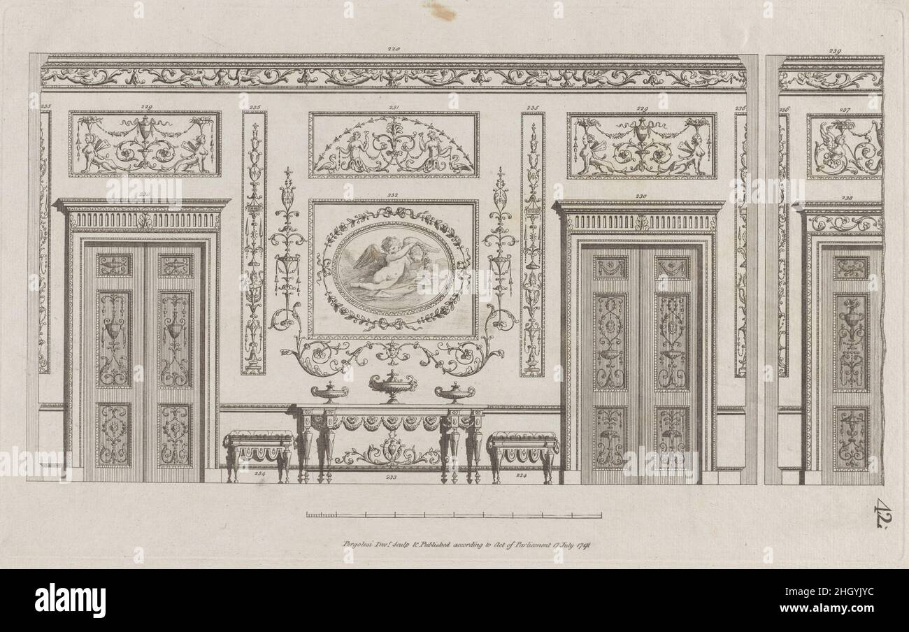Innenwand mit Türen, Nr. 228–239 („Entwürfe für verschiedene Ornamente“, pl. 42) 17. Juli 1791 Michelangelo Pergolesi Diese Entwürfe für eine Innenwand mit Türen und einer zentralen Tafel mit Amor, der einen Kranz hält, sind 228-239 nummeriert. Der Druck stammt von einer Gruppe, die Pergolesi zwischen 1777 und 1792 in London seriell machte und veröffentlichte. Es gibt keine Titelseite, sondern einen Prospekt von ca. 1786 beschrieb die Gruppe wie folgt: „eine große Vielfalt an Originaldesigns von Vasen, Figuren, Medaillons, Friesen, Pilastern, Tafeln und andere Ornamente, im etruskischen und grotesken Stil." Die vollständigen en Stockfoto