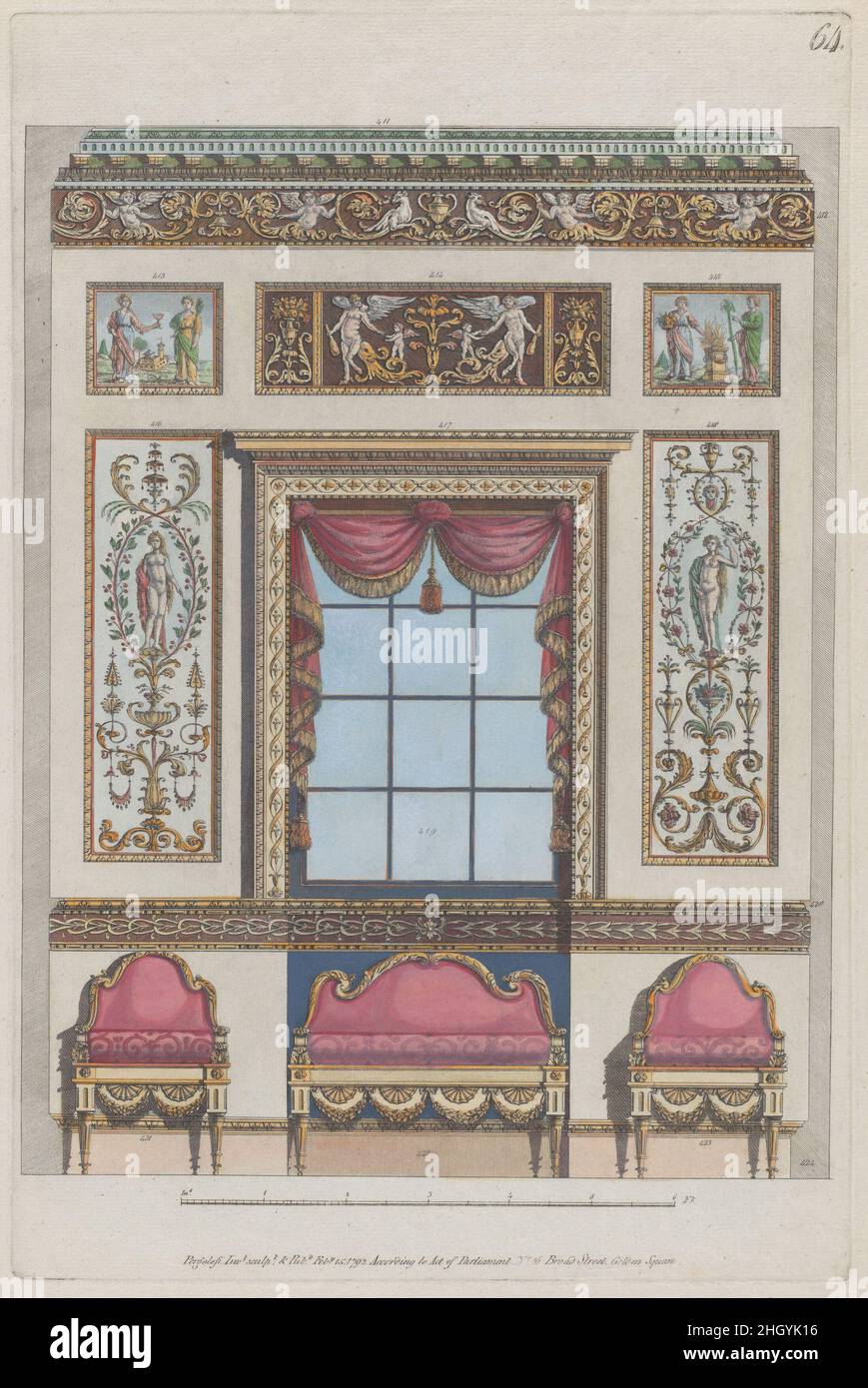 Innenwand mit Fenster und Möbeln, Nr. 411–424 („Entwürfe für verschiedene Ornamente“, pl. 64) 15. Februar 1792 Michelangelo Pergolesi Dieses Design für eine Innenwand umfasst ein Fenster, Vorhänge und Möbel, mit Abschnitten nummeriert 411 bis 424. Der Druck stammt von einer Gruppe, die Pergolesi zwischen 1777 und 1792 in London in Serie veröffentlichte. Es gibt keine Titelseite, sondern einen Prospekt von ca. 1786 beschrieb die Gruppe wie folgt: „eine große Vielfalt an Originaldesigns von Vasen, Figuren, Medaillons, Friesen, Pilastern, Tafeln und andere Ornamente, im etruskischen und grotesken Stil. Stockfoto