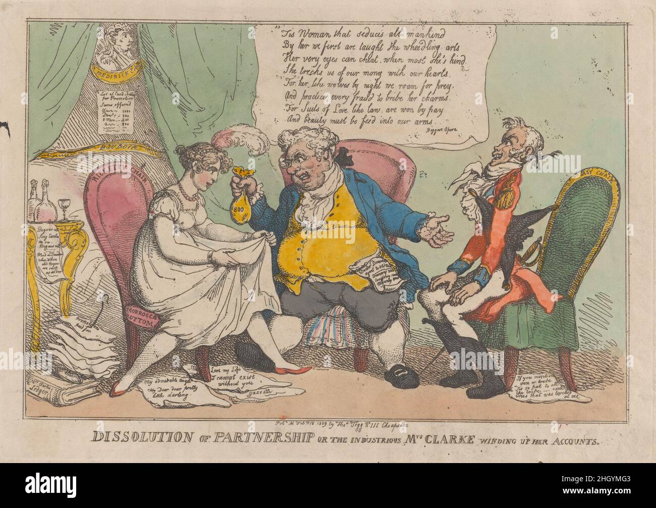 Auflösung der Partnerschaft oder die fleißige Mrs. Clarke, die ihre Konten auflöst 15. Februar 1809 Thomas Rowlandson. Auflösung der Partnerschaft oder die fleißige Mrs. Clarke, die ihre Konten auflöst. Thomas Rowlandson (British, London 1757–1827 London). 15. Februar 1809. Handkolorierte Radierung. Thomas Tegg (Großbritannien, 1776–1846). Ausdrucke Stockfoto