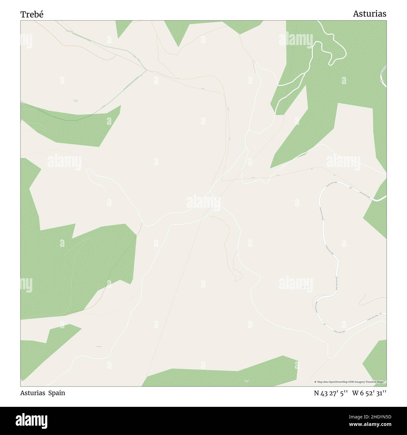 Trebé, Asturias, Spain, Asturias, N 43 27' 5'', W 6 52' 31'', map, Timeless Map veröffentlicht im Jahr 2021. Reisende, Entdecker und Abenteurer wie Florence Nightingale, David Livingstone, Ernest Shackleton, Lewis and Clark und Sherlock Holmes haben sich bei der Planung von Reisen zu den entlegensten Ecken der Welt auf Karten verlassen.Timeless Maps kartiert die meisten Orte auf der Welt und zeigt die Verwirklichung großer Träume Stockfoto