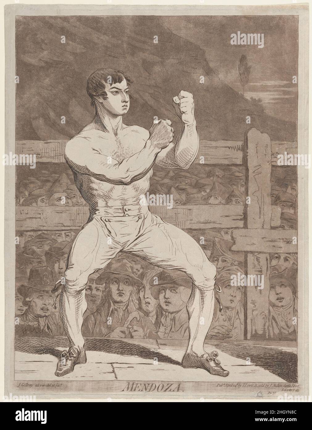 Mendoza April 24 [1788] James Gillray Brite der berühmte britische Boxer Daniel Mendoza erscheint hier im Ring bereit zu beginnen. In den vergangenen Jahren hatte er in 27 Spielen bis zum 9. Januar 1788 gesiegt, als er in einem der berühmtesten Auseinandersetzungen der Ära an einen früheren Mentor, Richard Humphreys, fiel. Das vorliegende Bild wurde in Erwartung ihres Neuzuges am 6. Mai 1788 veröffentlicht (dieses Ereignis würde in einem speziell konstruierten Gebäude in der Nähe von Stilton stattfinden und zu einer angefochtenen Entscheidung führen). Mendoza war 5 Fuß 7 Zoll groß und 160 Pfund, jüdisch-portugiesischer Abstammung und Adop Stockfoto