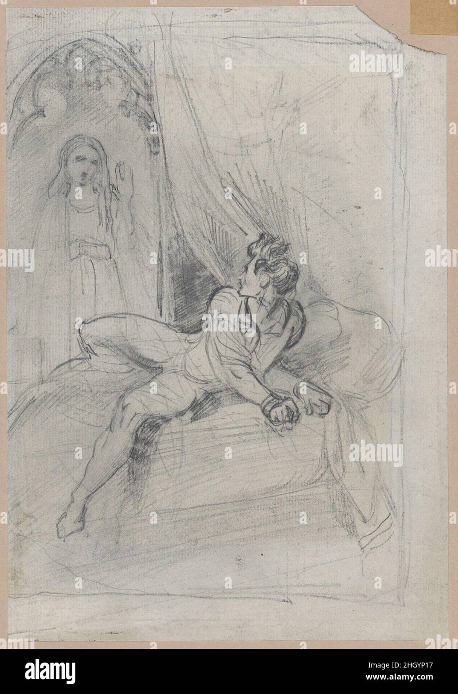 Der Mensch und die Erscheinung 1830–44 Theodor Richard Edward von Holst in von Holsts Werk dominieren romantische literarische und fantastische Themen, die von Autoren wie Virgil, Dante, Shakespeare und Victor Hugo abgeleitet wurden. Er wandte sich am häufigsten Goethes Faust zu, und das heutige Bild kann einen imaginierten Besuch von Gretchens Geist zum von Schuld zerrissenen Faust darstellen. Von Holsts frühreidiges Talent wurde von Thomas Lawrence erkannt, der eine Zeichnung von der Jugend kaufte, als dieser zehn Jahre alt war. Nach dem Unterricht bei Henry Fuseli trat von Holst 1 im Alter von 14 Jahren in die Royal Academy Schools ein Stockfoto