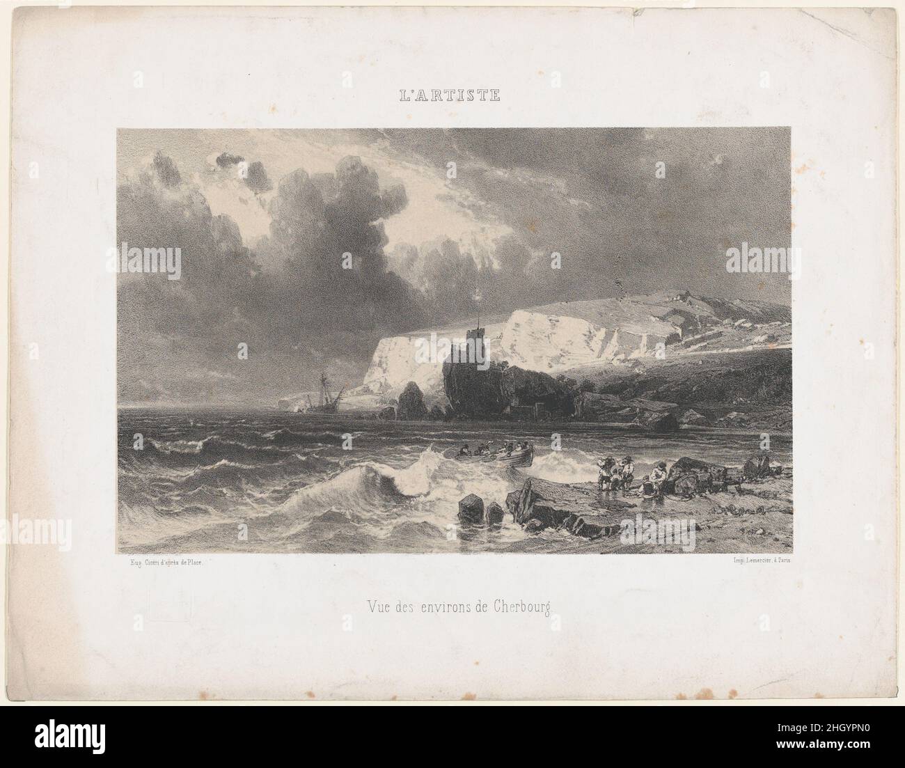 Blick in der Nähe von Cherbourg, von 'L'Artiste' 15. September 1849 Eugène Cicéri. Blick in der Nähe von Cherbourg, von 'L'Artiste'. L'Artiste. Eugène Cicéri (Französisch, Paris 1813–1890 Fontainebleau). 15. September 1849. Lithographie auf Chine collé. Ausdrucke Stockfoto