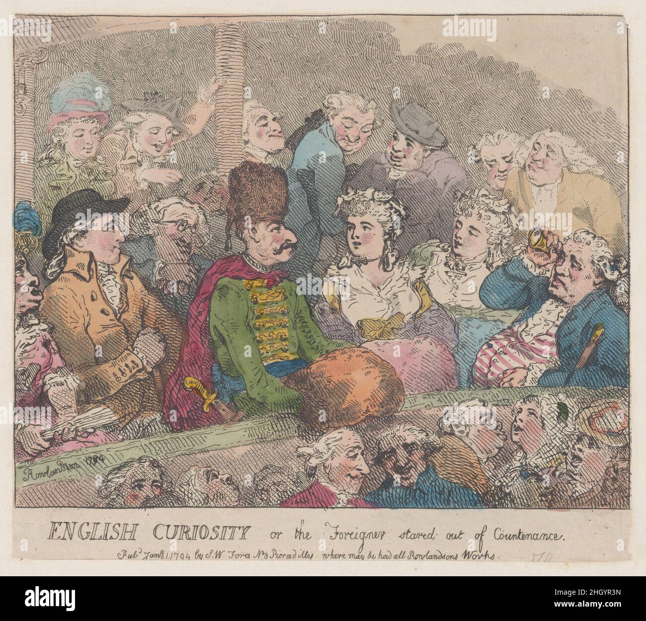 Englische Neugier oder der Ausländer starrte aus dem Gesicht 1. Januar 1794 Thomas Rowlandson. Englische Neugier oder der Ausländer starrten aus dem Gesicht. Thomas Rowlandson (British, London 1757–1827 London). 1. Januar 1794. Handkolorierte Radierung. S. W. Fores (London). Ausdrucke Stockfoto