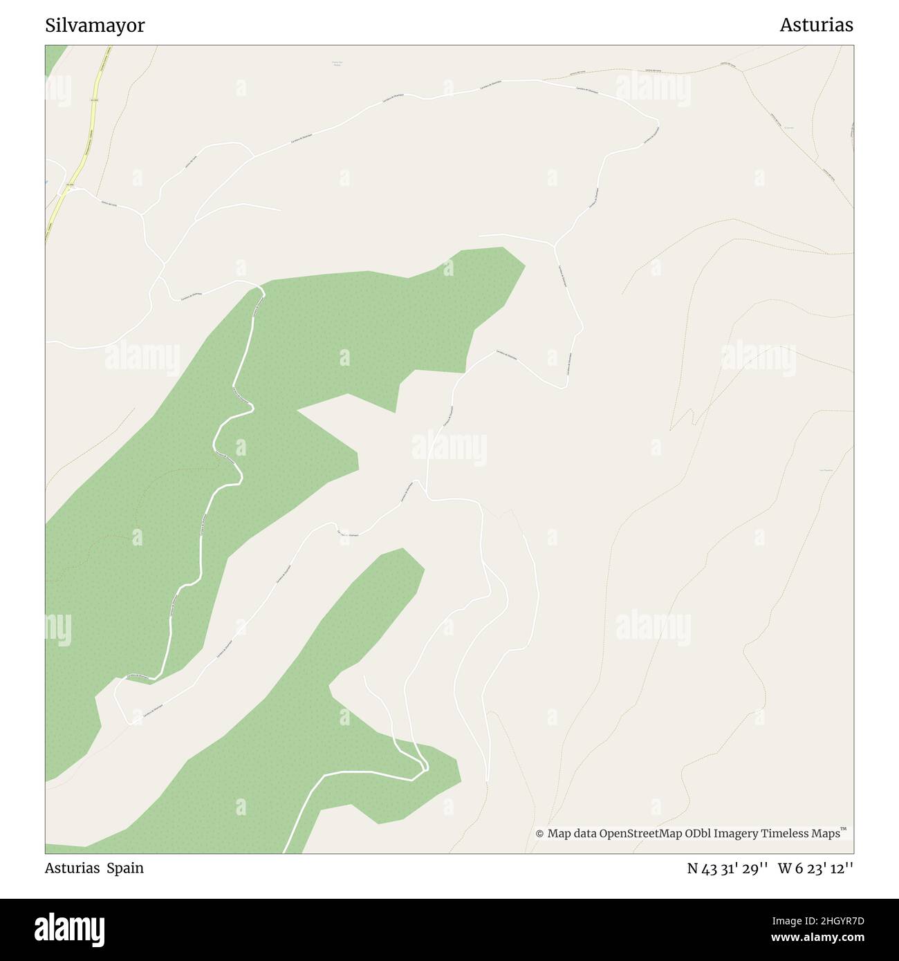 Silvamayor, Asturias, Spain, Asturias, N 43 31' 29'', W 6 23' 12'', map, Timeless Map veröffentlicht im Jahr 2021. Reisende, Entdecker und Abenteurer wie Florence Nightingale, David Livingstone, Ernest Shackleton, Lewis and Clark und Sherlock Holmes haben sich bei der Planung von Reisen zu den entlegensten Ecken der Welt auf Karten verlassen.Timeless Maps kartiert die meisten Orte auf der Welt und zeigt die Verwirklichung großer Träume Stockfoto