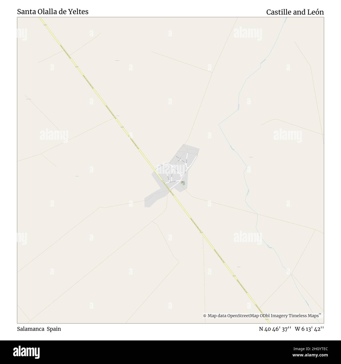 Santa Olalla de Yeltes, Salamanca, Spanien, Kastilien und León, N 40 46' 37'', W 6 13' 42'', map, Timeless Map veröffentlicht im Jahr 2021. Reisende, Entdecker und Abenteurer wie Florence Nightingale, David Livingstone, Ernest Shackleton, Lewis and Clark und Sherlock Holmes haben sich bei der Planung von Reisen zu den entlegensten Ecken der Welt auf Karten verlassen.Timeless Maps kartiert die meisten Orte auf der Welt und zeigt die Verwirklichung großer Träume Stockfoto