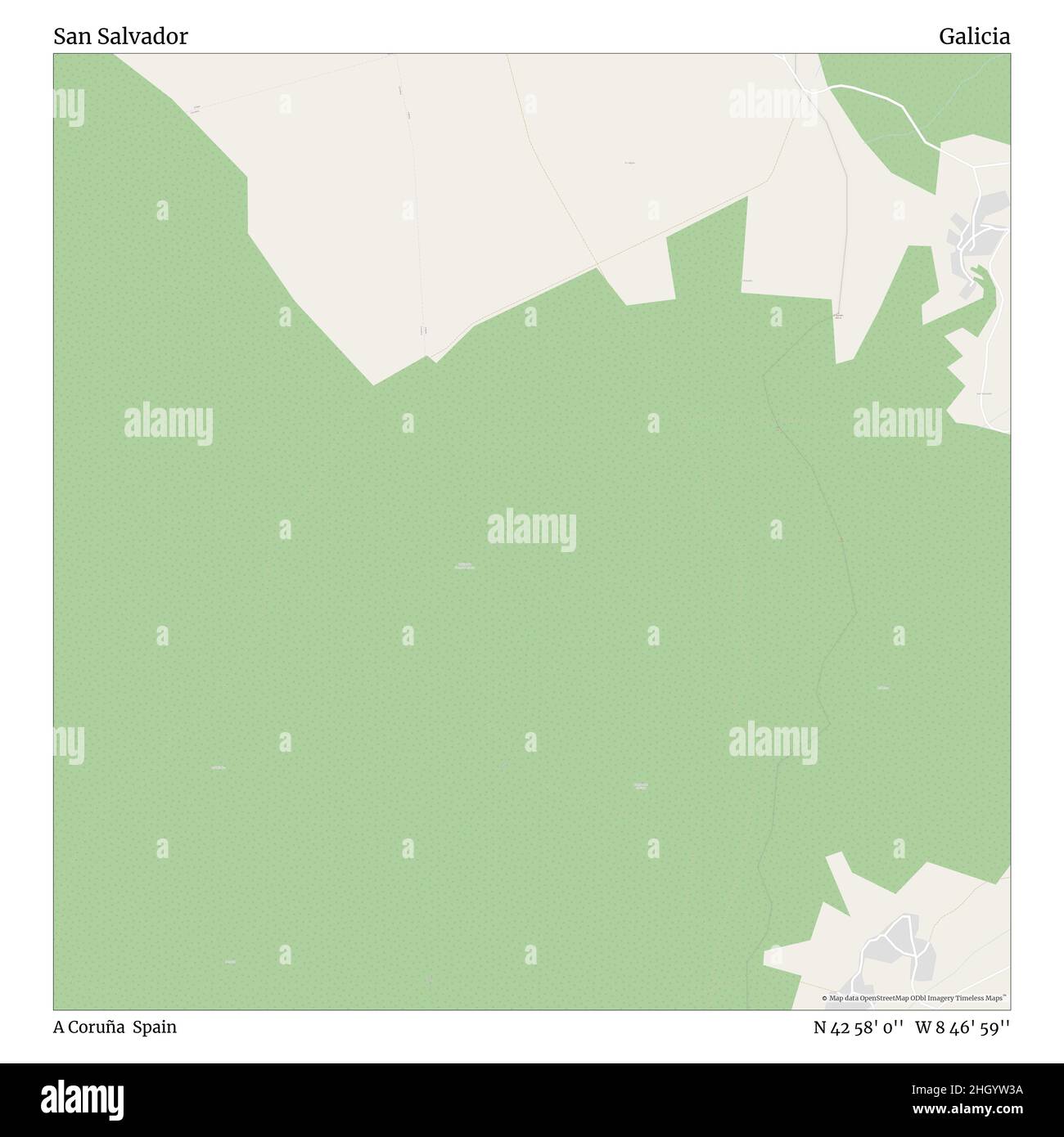 San Salvador, A Coruña, Spanien, Galicien, N 42 58' 0'', W 8 46' 59'', map, Timeless Map veröffentlicht im Jahr 2021. Reisende, Entdecker und Abenteurer wie Florence Nightingale, David Livingstone, Ernest Shackleton, Lewis and Clark und Sherlock Holmes haben sich bei der Planung von Reisen zu den entlegensten Ecken der Welt auf Karten verlassen.Timeless Maps kartiert die meisten Orte auf der Welt und zeigt die Verwirklichung großer Träume Stockfoto