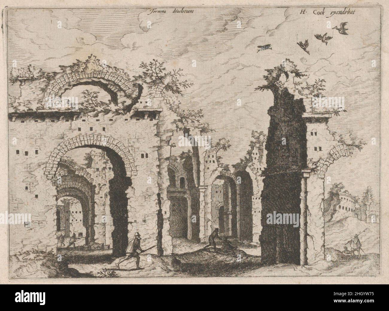 Die Bäder von Diokletian, aus der Serie Römische Ruinen und Gebäude 1562 Johannes van Doetecum I. die Bäder von Diokletian, aus der Serie Römische Ruinen und Gebäude. Johannes van Doetecum I (Niederländisch, 1528/32–1605). 1562. Radierung. Ausdrucke Stockfoto