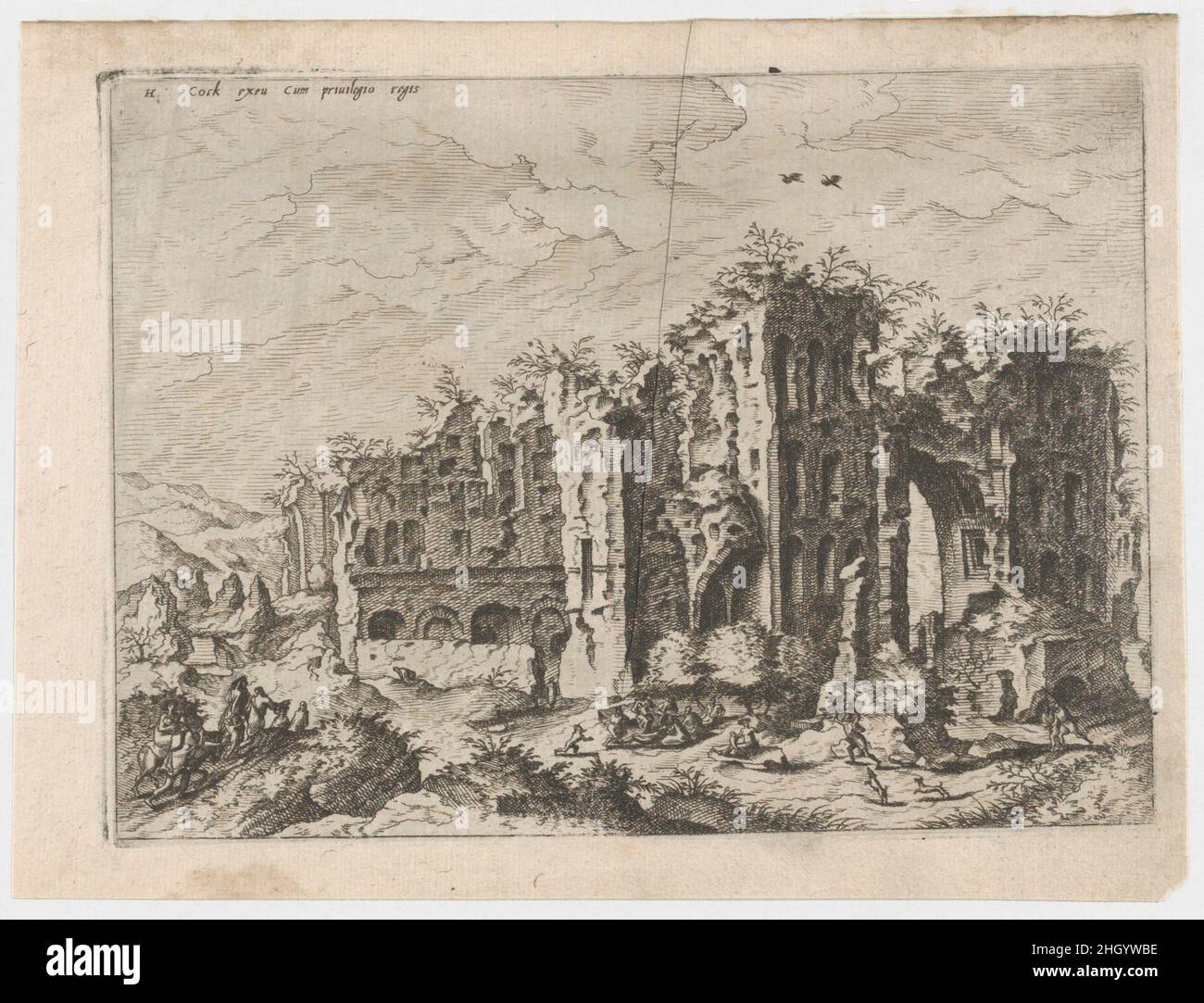 Massive Ruinen mit vielen Figuren im Vordergrund aus der Serie Römische Ruinen und Gebäude 1562 Johannes van Doetecum I. Massive Ruinen mit vielen Figuren im Vordergrund aus der Serie Römische Ruinen und Gebäude. Johannes van Doetecum I (Niederländisch, 1528/32–1605). 1562. Radierung. Ausdrucke Stockfoto