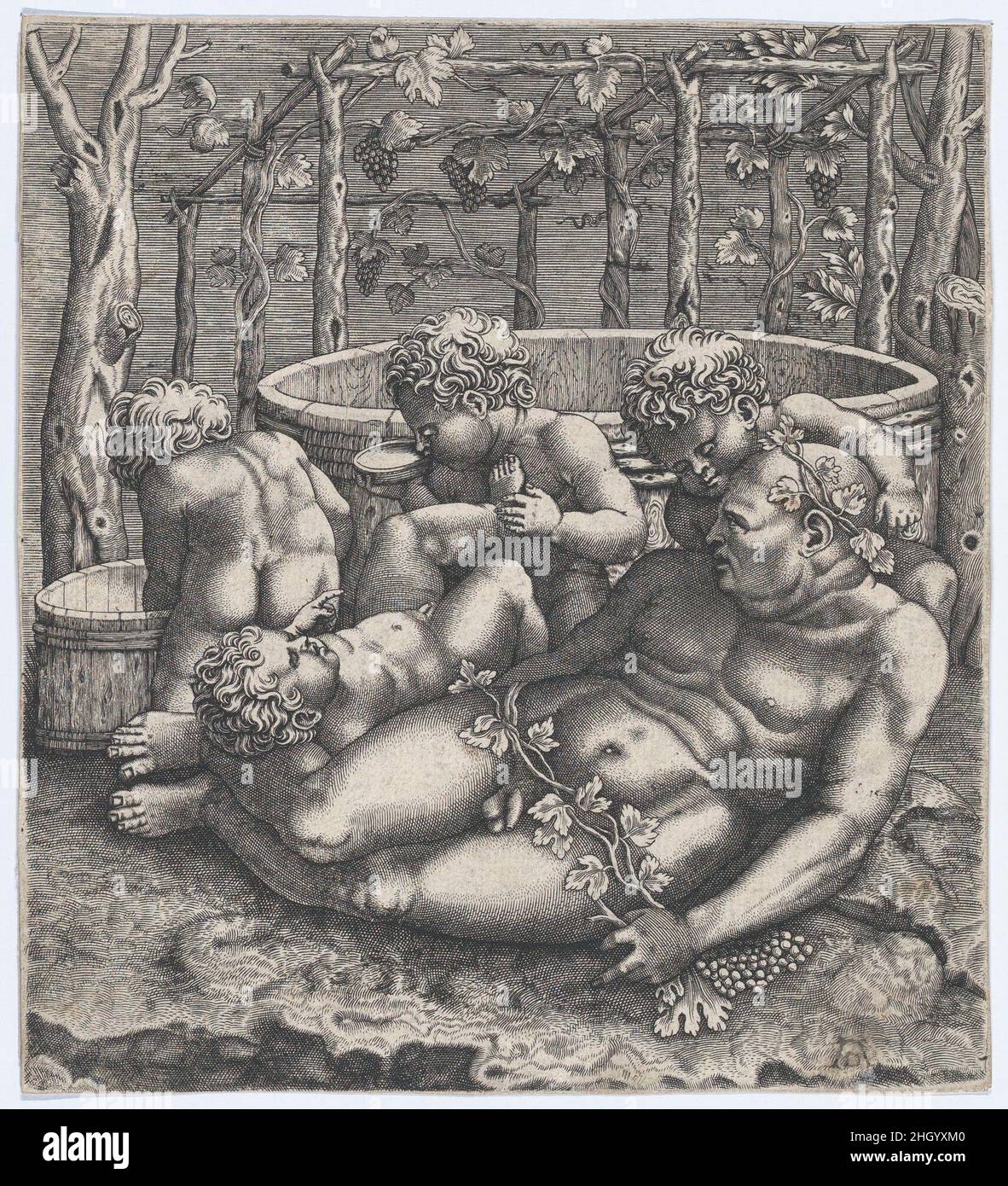 Der betrunkene Silenus mit Putti ca. 1515–40 Anonymous, italienisch, 16th. Jahrhundert der Druck zeigt den berauschenden Silenus, der in Begleitung von vier Putti, die ebenfalls Wein trinken, auf dem Boden ruht, einer scheint zusammengebrochen zu sein. In der rechten unteren Ecke ist ein falsches Monogramm von Albrecht Dürer in Feder und Tinte zu sehen. Dies wurde wahrscheinlich in dem Versuch hinzugefügt, den Druck dem deutschen Meister zuzuordnen. Die Technik des Drucks ist der von Marcantonio Raimondi und seinem Kreis, der in Rom in den frühen Jahren des 16. Jahrhunderts arbeitete, nicht unähnlich. Es kann jedoch nicht ganz ausgeschlossen werden, dass dies der ist Stockfoto