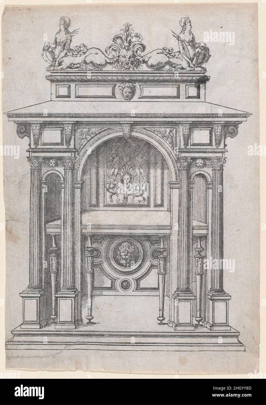 Möbeldesign 1565–70 Jacques Androuet Du Cerceau. Möbeldesign. Meubles. Jacques Androuet Du Cerceau (Französisch, Paris 1510/12–1585 Annecy). 1565–70. Ätzen. Ausdrucke Stockfoto