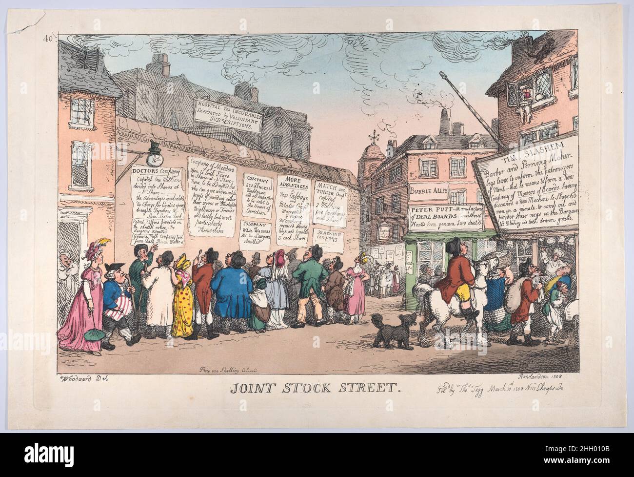 Joint Stock Street 10. März 1808 Thomas Rowlandson. Joint Stock Street. Thomas Rowlandson (British, London 1757–1827 London). 10. März 1808. Handkolorierte Radierung. Thomas Tegg (Großbritannien, 1776–1846). Ausdrucke Stockfoto