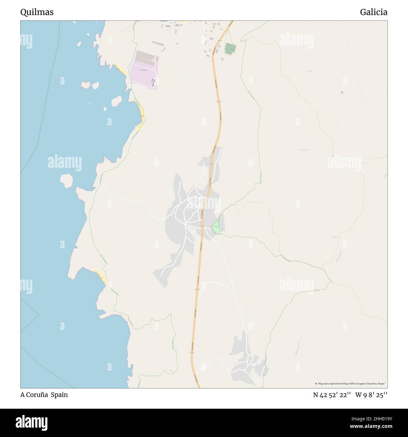 Quilmas, A Coruña, Spanien, Galicien, N 42 52' 22'', W 9 8' 25'', map, Timeless Map veröffentlicht im Jahr 2021. Reisende, Entdecker und Abenteurer wie Florence Nightingale, David Livingstone, Ernest Shackleton, Lewis and Clark und Sherlock Holmes haben sich bei der Planung von Reisen zu den entlegensten Ecken der Welt auf Karten verlassen.Timeless Maps kartiert die meisten Orte auf der Welt und zeigt die Verwirklichung großer Träume Stockfoto