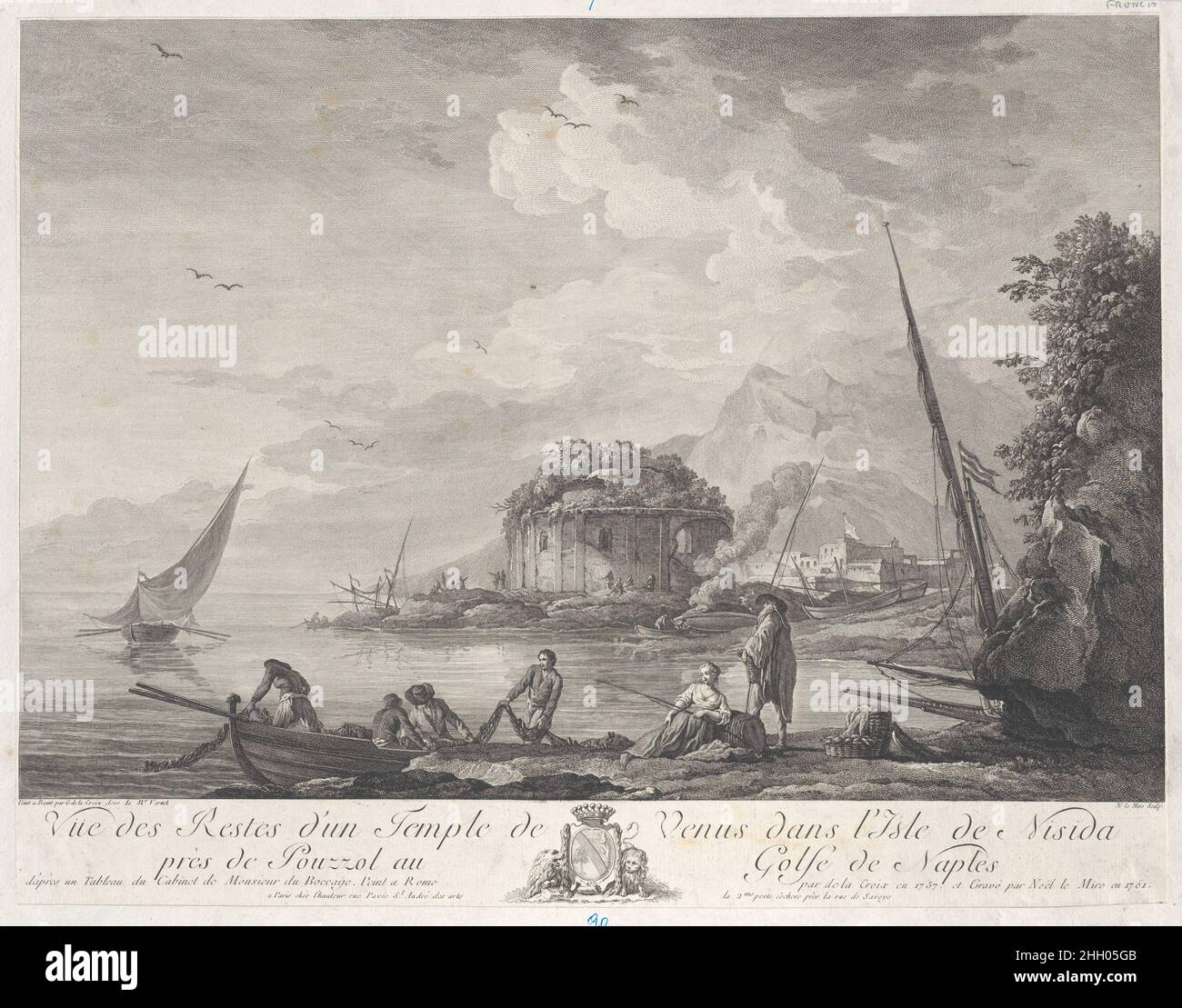 Blick auf die Überreste des Venustempels auf der Insel Nisida in der Nähe von Pouzzol am Golf von Neapel 1761 nach Charles François Grenier de Lacroix. Blick auf die Überreste des Venustempels auf der Insel Nisida in der Nähe von Pouzzol am Golf von Neapel. Nach Charles François Grenier de Lacroix (Französisch, Marseille 1700?–1782 Berlin). 1761. Gravur. Noël Le Mire (Französisch, Rouen 1724–1801 Paris). Ausdrucke Stockfoto