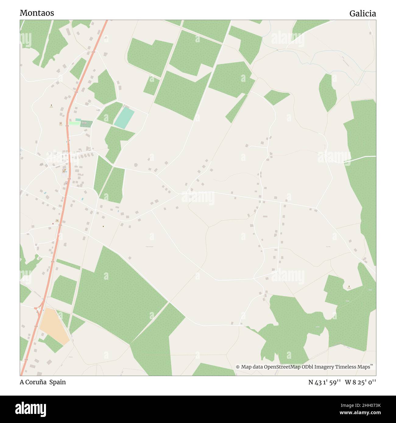Montaos, A Coruña, Spanien, Galicien, N 43 1' 59'', W 8 25' 0'', map, Timeless Map veröffentlicht im Jahr 2021. Reisende, Entdecker und Abenteurer wie Florence Nightingale, David Livingstone, Ernest Shackleton, Lewis and Clark und Sherlock Holmes haben sich bei der Planung von Reisen zu den entlegensten Ecken der Welt auf Karten verlassen.Timeless Maps kartiert die meisten Orte auf der Welt und zeigt die Verwirklichung großer Träume Stockfoto